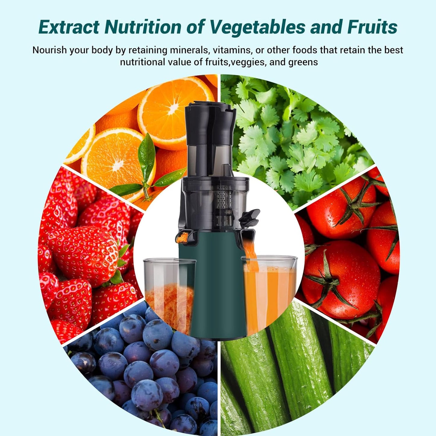 Electric Juicer Fruits Cold Press Squeezer Vegetable Processor Slow Masticating Juicer Machines 200W for Vegetables Celery Wheatgrass Watermelon Carrot Big Wide Chute 800ml Cup BPA-Free Easy to Clean