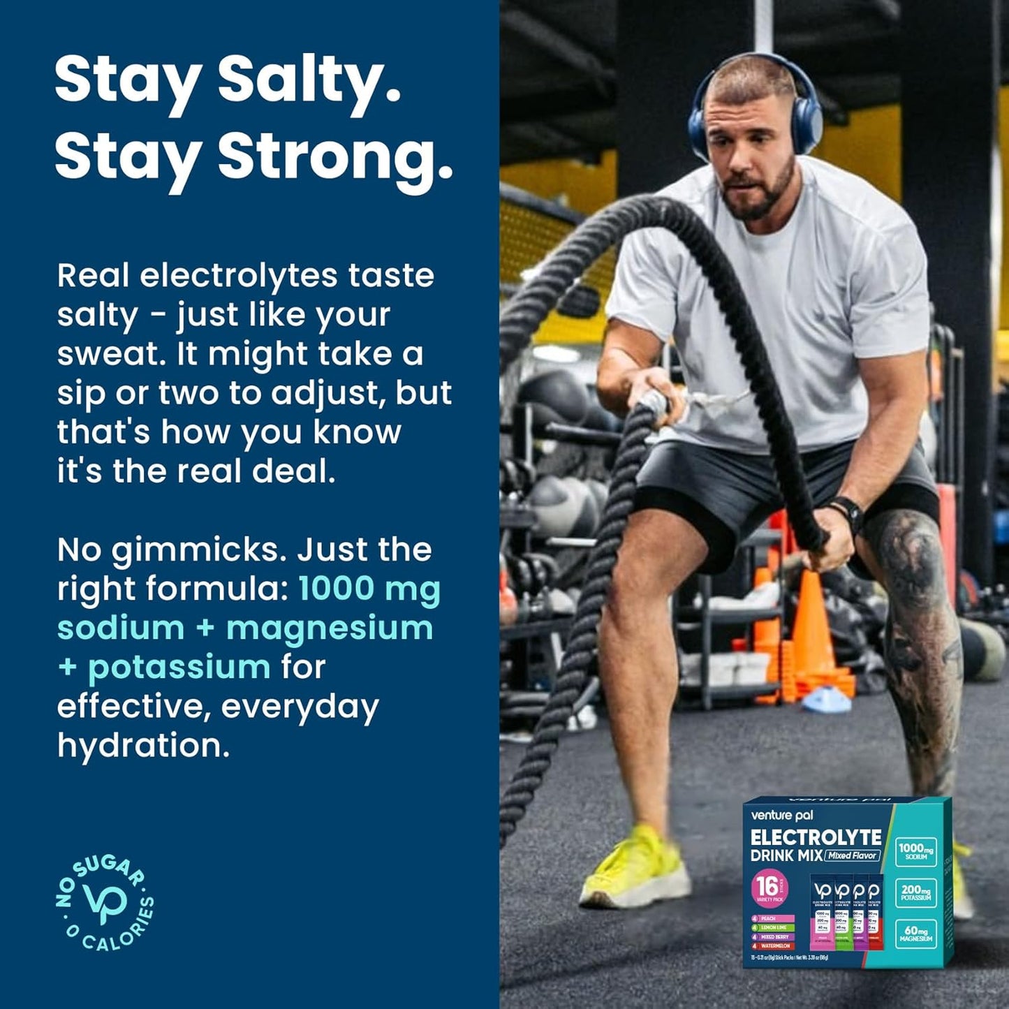 Venture Pal High Sodium Sugar-Free Electrolyte Powder Packets ,Zero Calories | Vegan, Keto, and Paleo Friendly | 16 Sticks