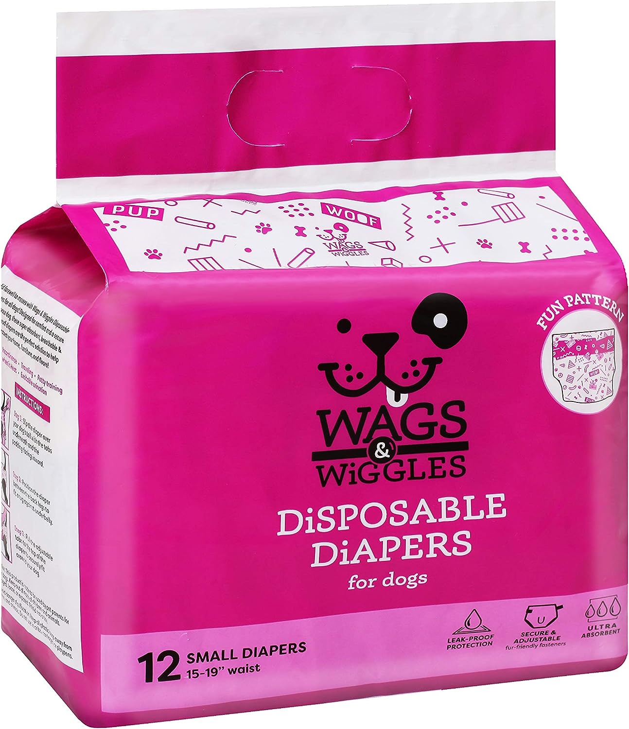 Wags & Wiggles Female Dog Diapers | Doggie Diapers for Female Dogs | Small Dog Diapers, 15"-19" Waist - 12 Pack | Disposable Dog Diapers for Female Dogs