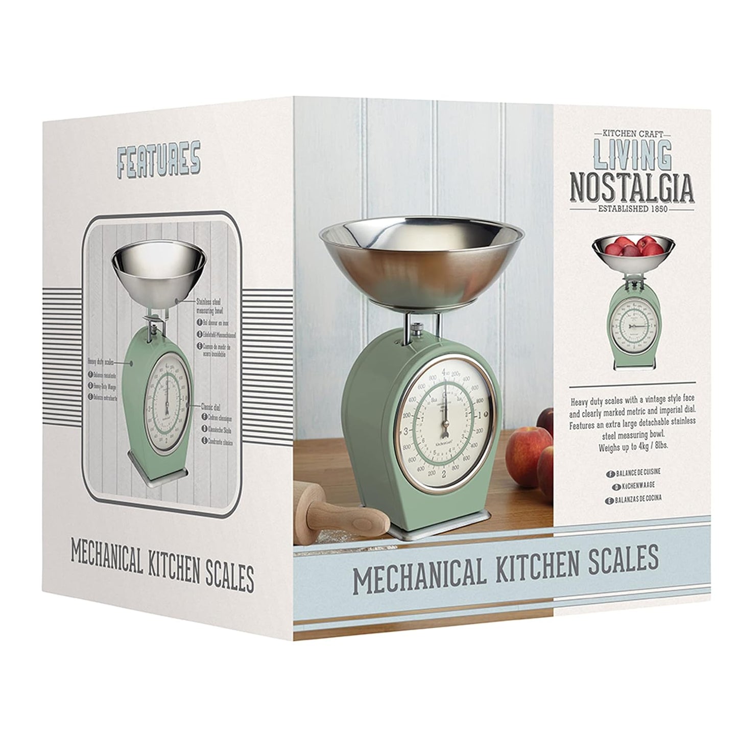 KitchenCraft Living Nostalgia Mechanical Kitchen Scales, 4 kg (8 lbs) - English Sage