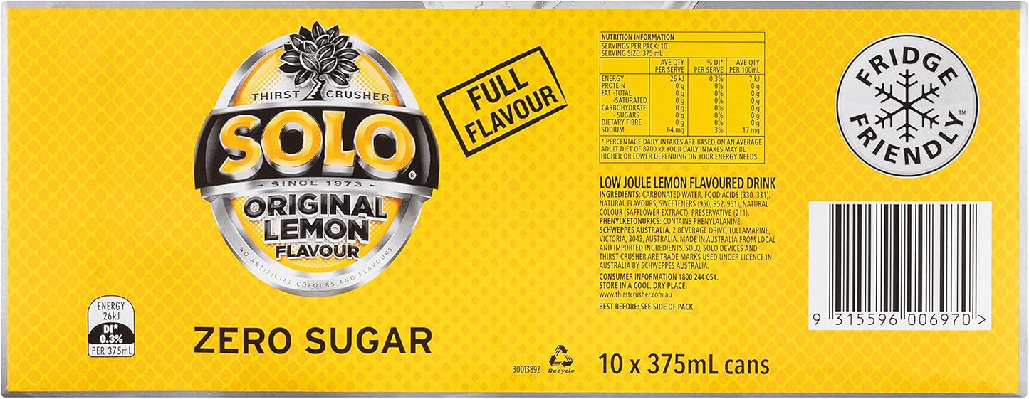Solo Zero Sugar Soft Drink Can, 10 x 375ml
