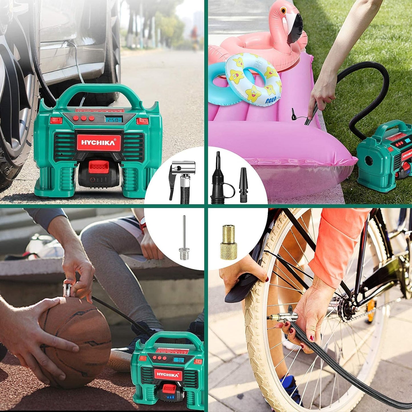 Tire Inflator, HYCHIKA Portable Air Compressor Pump 160PSI 20V Battery & 12V DC Dual Power Supply with LED Light, Pressure Gauge for Car Bike Inflatables -Charger & 2.0Ah Battery Included