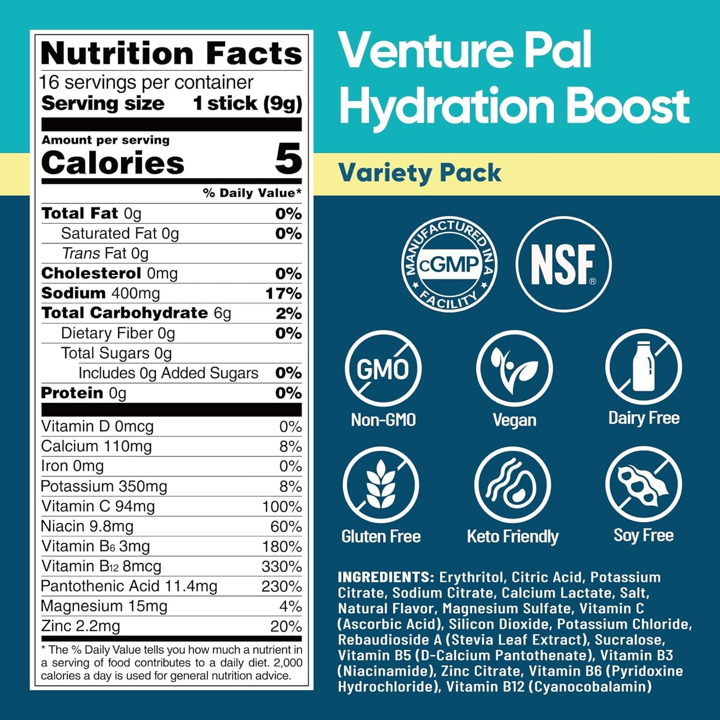 Venture Pal Sugar Free Electrolyte Powder Packets - Liquid Daily IV Hydration Packets for Rapid Rehydration,16 Sticks
