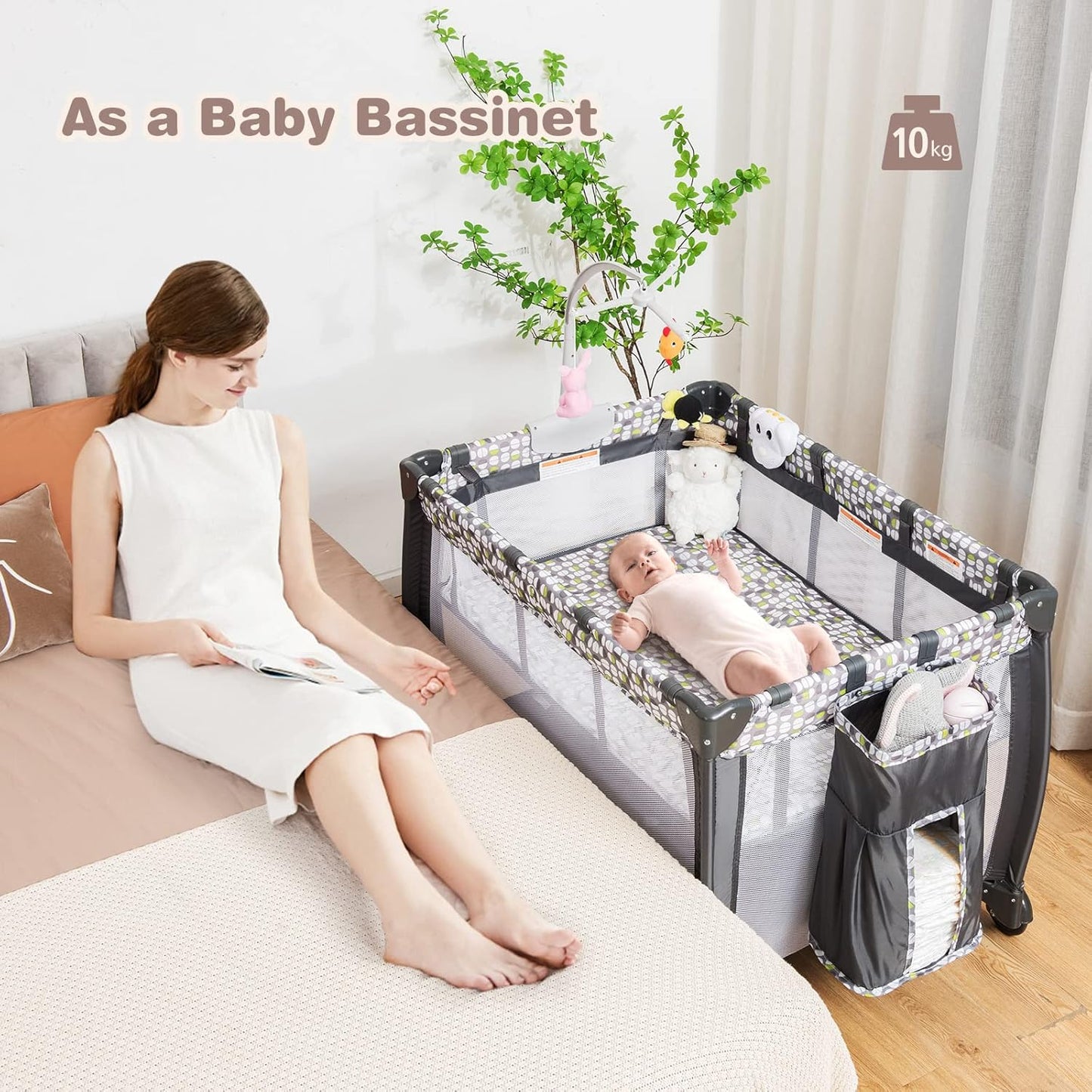 3 in 1 Baby Playard, Convertible Playpen Baby Bassinet w/ Changing Table, Grey