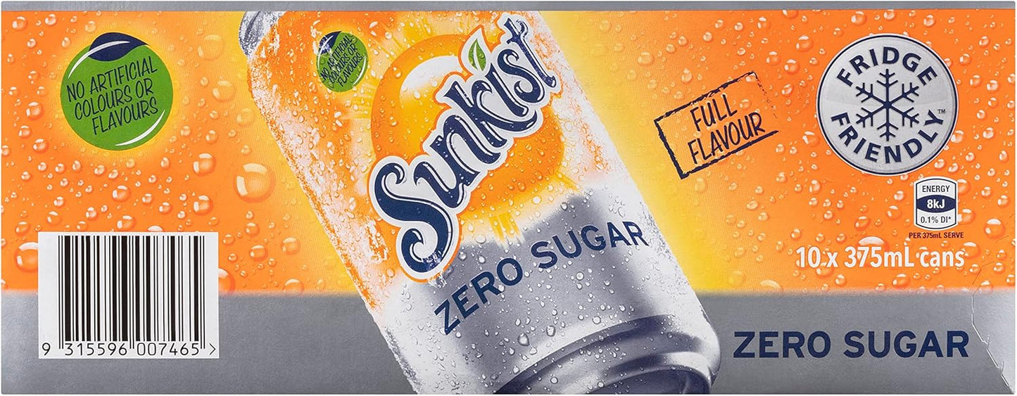 Sunkist Zero Sugar Soft Drink Can 375 ml (Pack of 10)