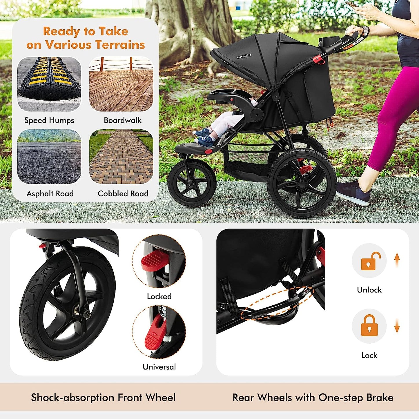 Baby Jogging Stroller, Lightweight Baby Stroller Jogger with Adjustable Canopy & Backrest