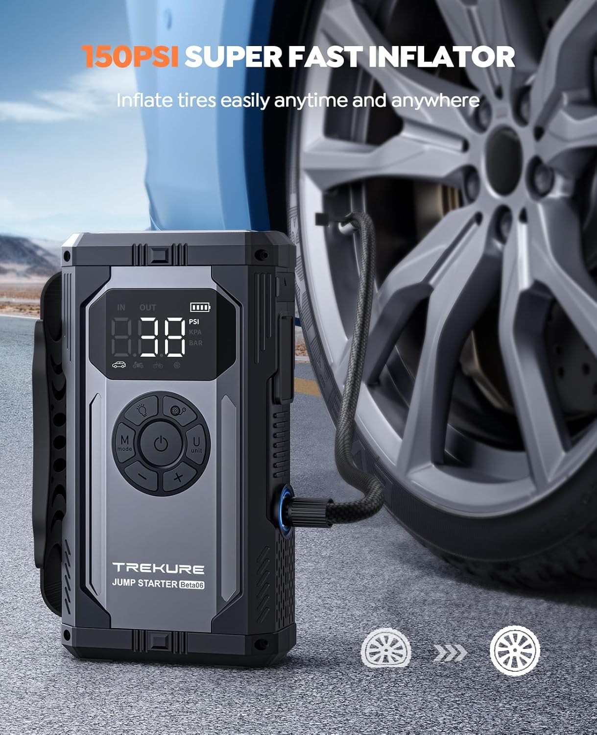 TREKURE Jump Starter with Air Compressor, 4000A Peak 150PSI Car Battery Jump Starter for All Gas/ 10L Diesel Engines, 12V Car Jumper Starter Power Bank
