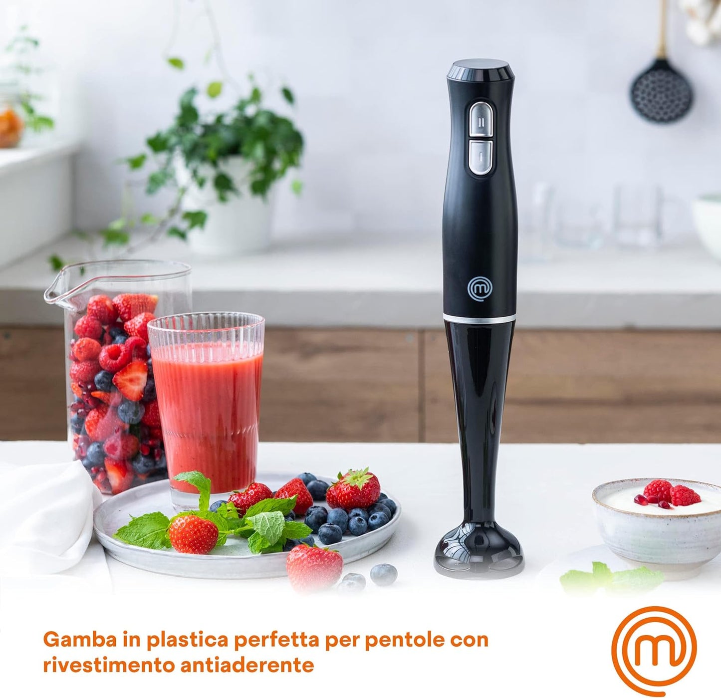 MasterChef Hand Blender, Purée Wand with Splash Guard, Magic Wand Kitchen Appliance, Electric Mixing Stick, Hand Blender with 2 Speeds, Immersion Function, Dishwasher Safe Components, 200 W, Black