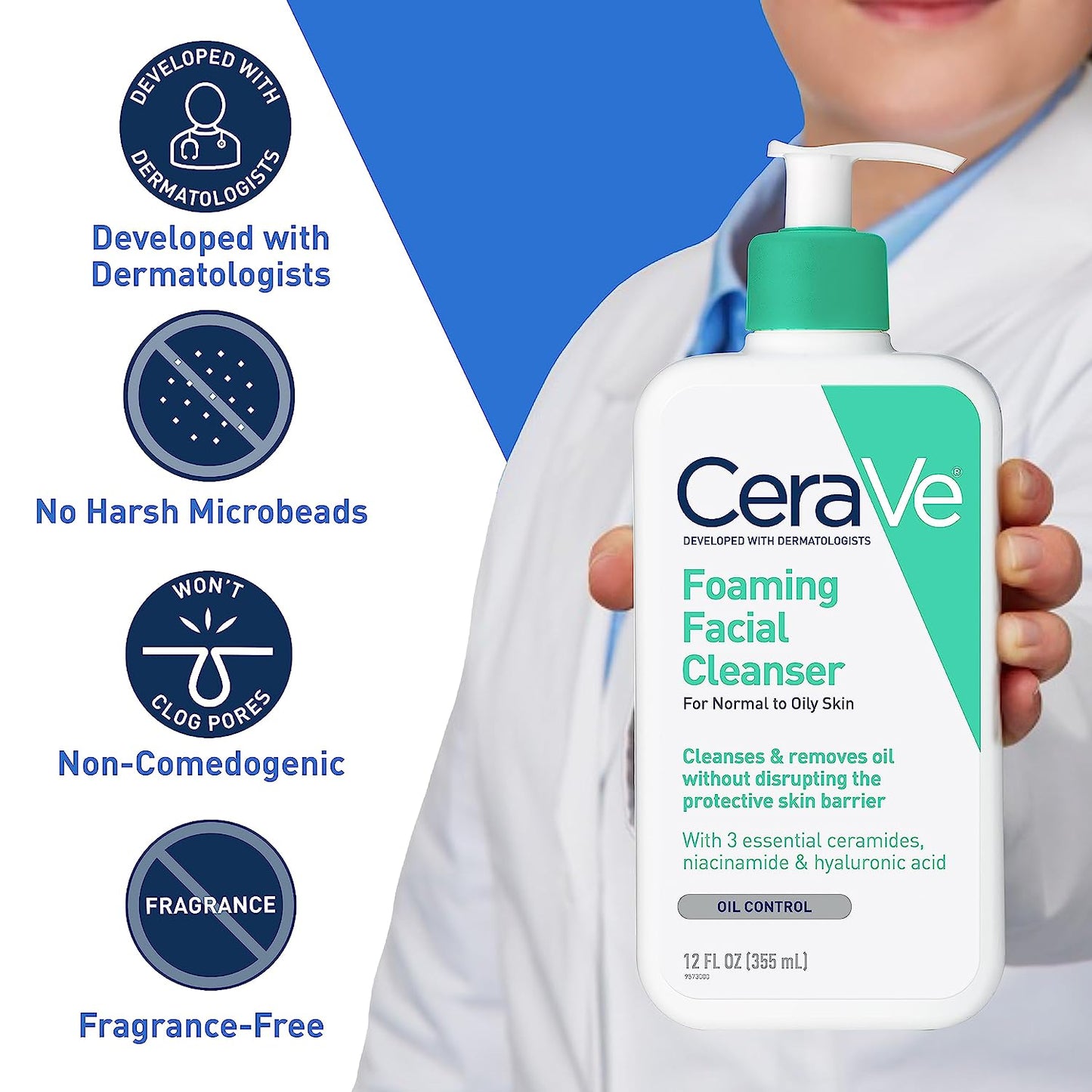 Facial Cleanser | Daily Face Wash for Oily Skin with Hyaluronic Acid, Ceramides, and Niacinamide| Fragrance Free Paraben Free | 19 Fluid Ounce