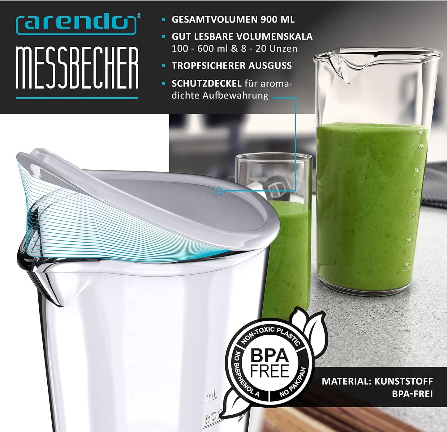 Arendo - Hand blender 1000 watts including measuring cup - four-blade knife - purée rod - continuous control - turbo button - removable mixing base - stainless steel cool grey