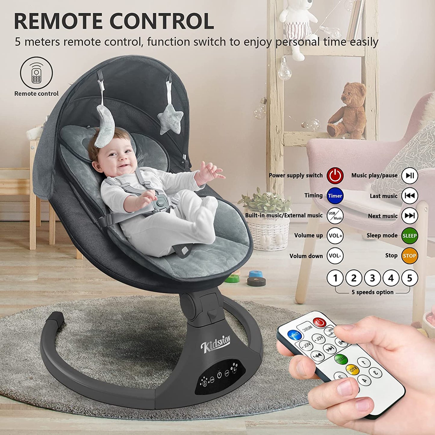 Electric Baby Swing for Infants,5-Speed Baby Swing with 12 Preset Lullabies