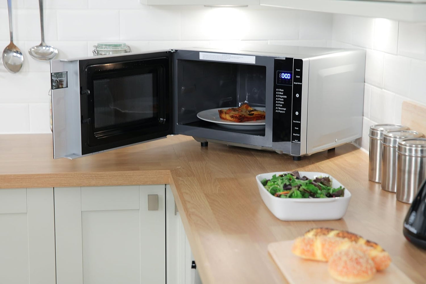 Russell Hobbs RHFM2363S 23 L 800 W Silver Digital Flatbed Solo Microwave with 5 Power Levels, 8 Auto Cook Menus, Easy Clean, Clock and Timer, Automatic Defrost