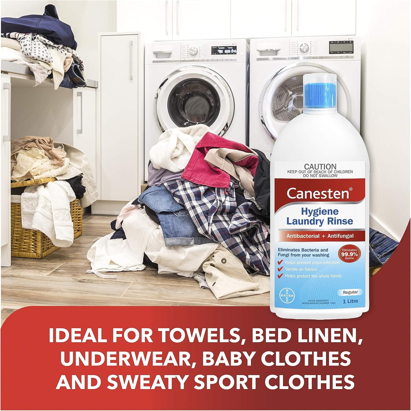 Canesten Antibacterial and Antifungal Hygiene Laundry Rinse, Eliminates Bacteria and Fungi from Your Washing, 1 Ltr