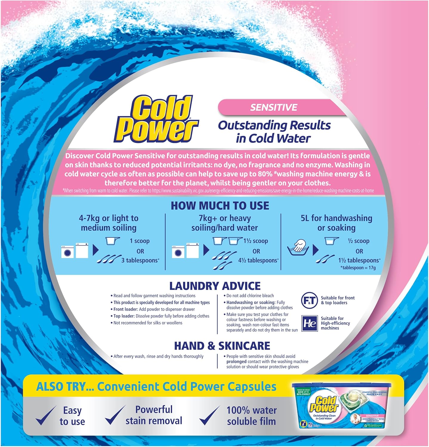 Cold Power Washing Powder Sensitive 2kg, Sensitive Laundry Detergent for Effective Stain Removal and Outstanding Results in Cold Water, No Enzyme and Dye and Perfume-Free Laundry Liquid