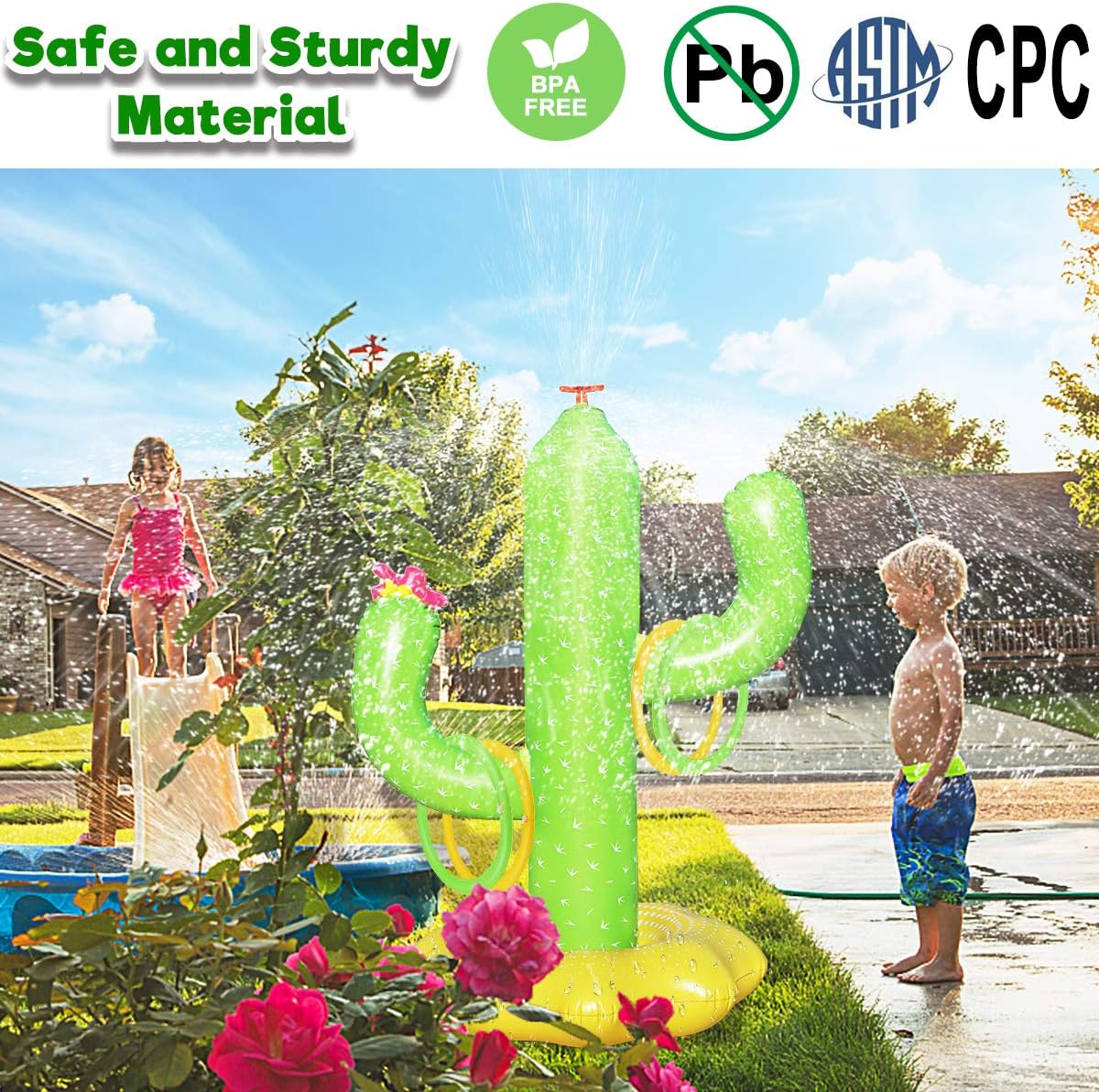Boogem Sprinkler for Kids, Inflatable Cactus Water Toys for Boys Girls, Summer Outdoor Game with 4 Rings, Backyard Water Sprinkler Spray Toy Fun Gifts for Children Ages 3 4 5 6 Years and Up