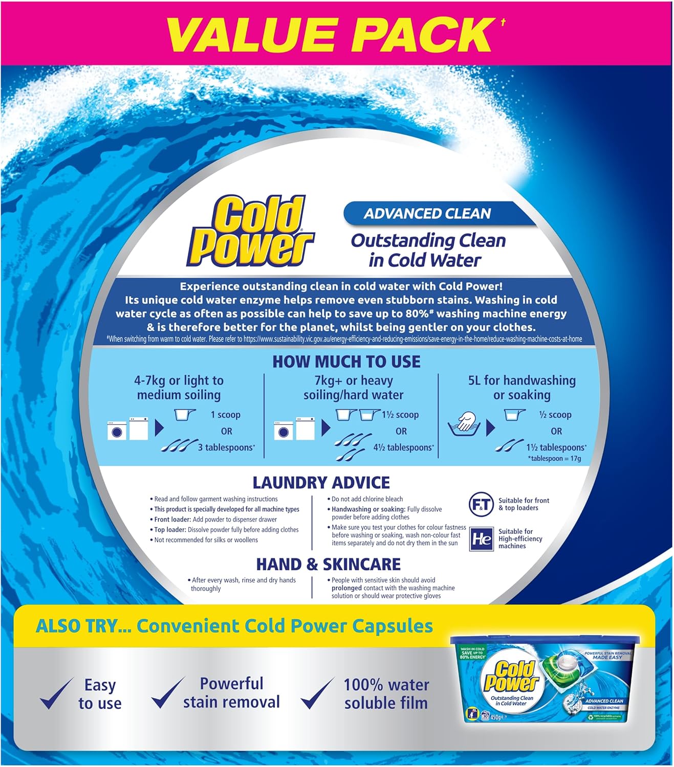 Cold Power Advanced Clean, Powder Laundry Detergent, 4kg, Suitable for Front and Top Loaders