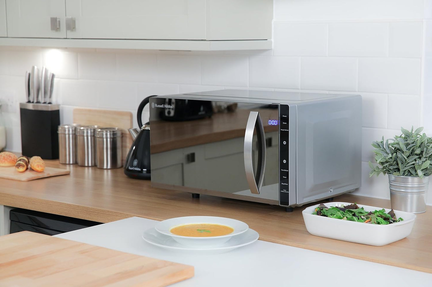 Russell Hobbs RHFM2363S 23 L 800 W Silver Digital Flatbed Solo Microwave with 5 Power Levels, 8 Auto Cook Menus, Easy Clean, Clock and Timer, Automatic Defrost