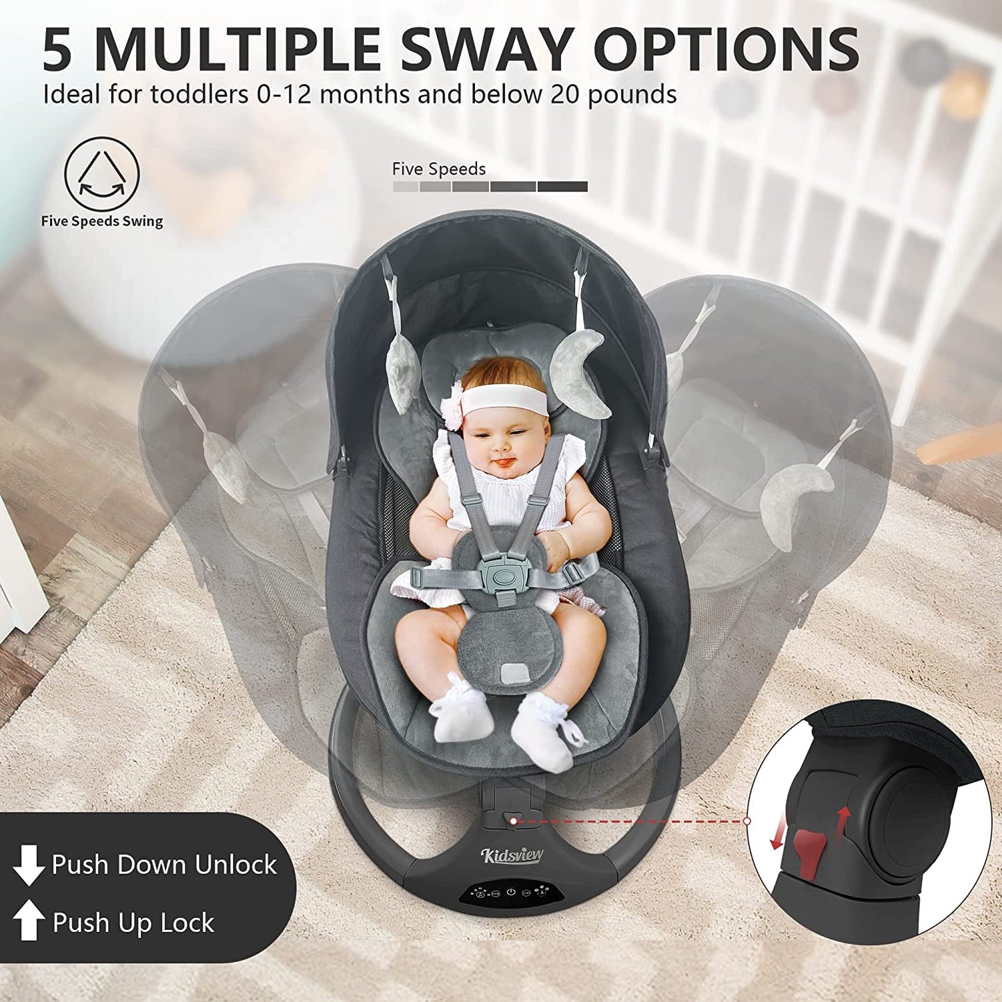 Electric Baby Swing for Infants,5-Speed Baby Swing with 12 Preset Lullabies