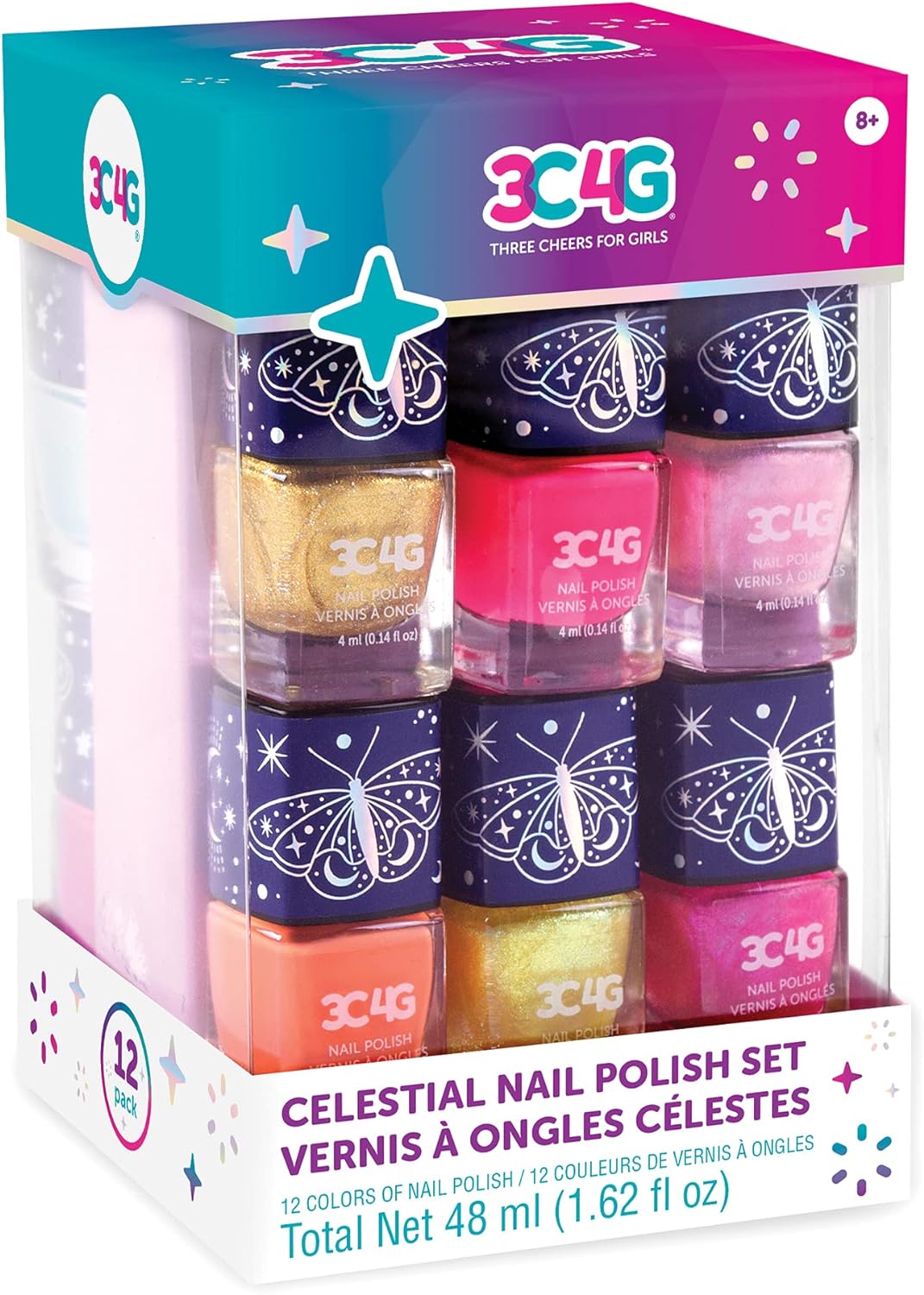 3C4G THREE CHEERS FOR GIRLS - Celestial 12-Pack Nail Polish Tower - Nail Polish Set for Girls and Teens - Includes 12 Vibrant Colors - Non-Toxic Nail Polish for Kids - Ages 8+