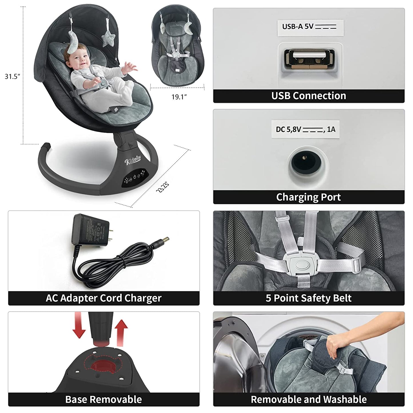 Electric Baby Swing for Infants,5-Speed Baby Swing with 12 Preset Lullabies