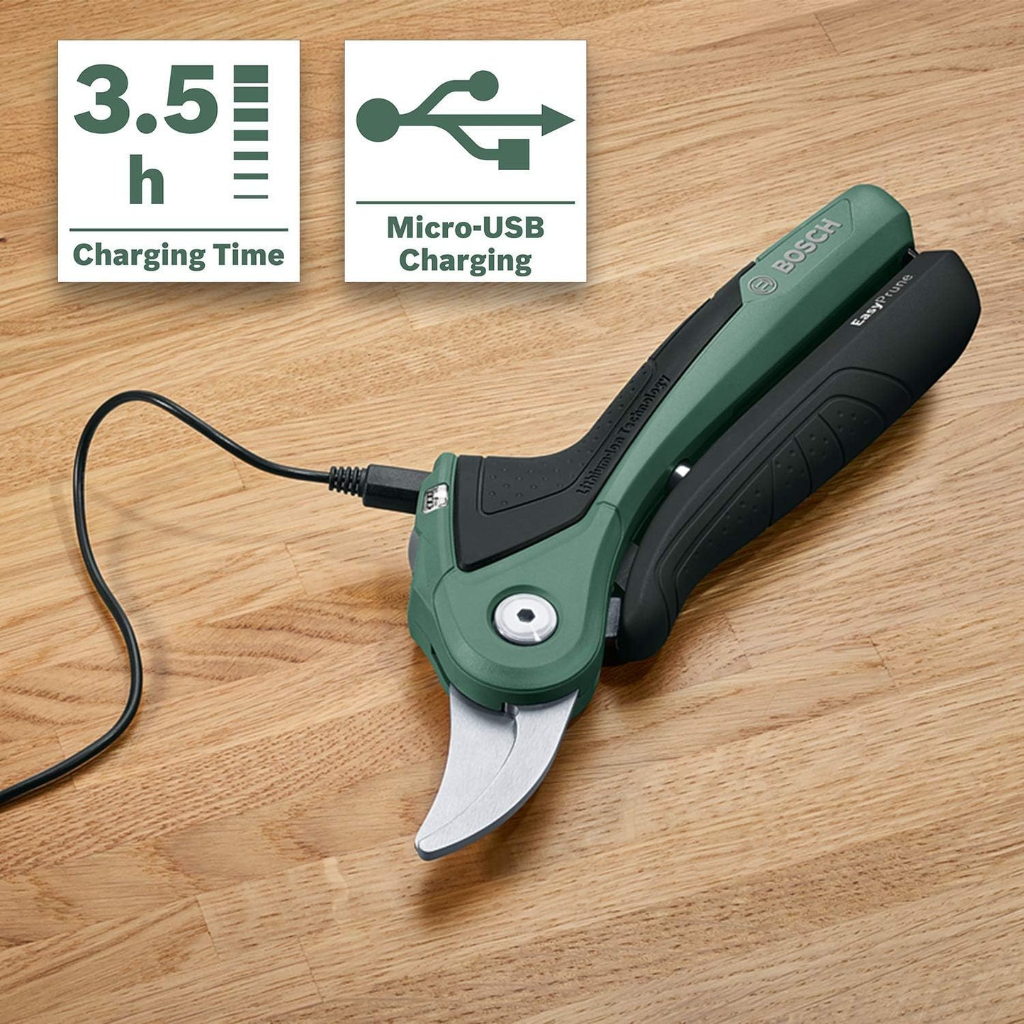 Bosch Home & Garden 3.6V Cordless Secateurs Pruner, Power Assist Technology, Integrated Battery, 450 Cuts Per Charge, Rechargeable via Micro USB Cable (EasyPrune)
