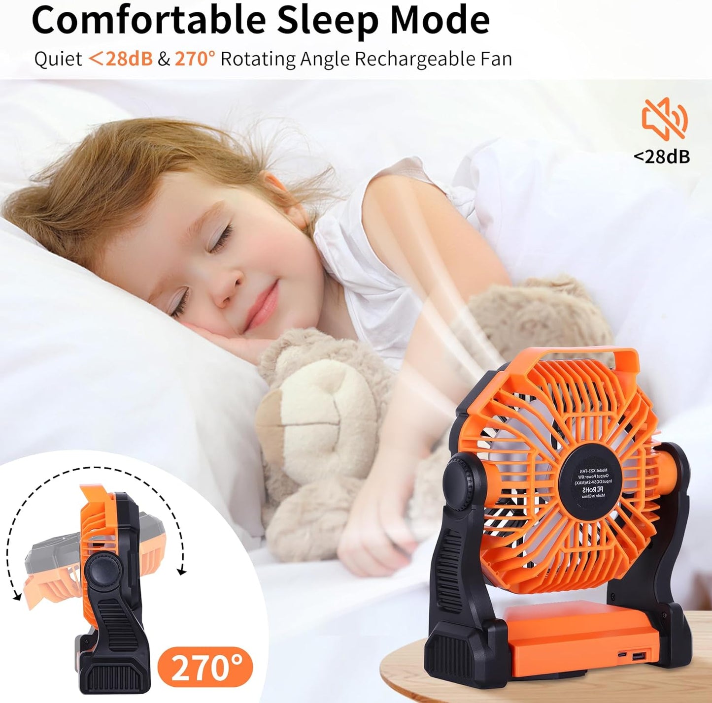 Battery Powered Fan,270° Rotating Portable Fan Camping Fan Rechargeable Battery Operated Fan, USB Desk Personal Fan Tent Fan with Hook, Outdoor Fan Camping Fans for Tents,Travel Fan