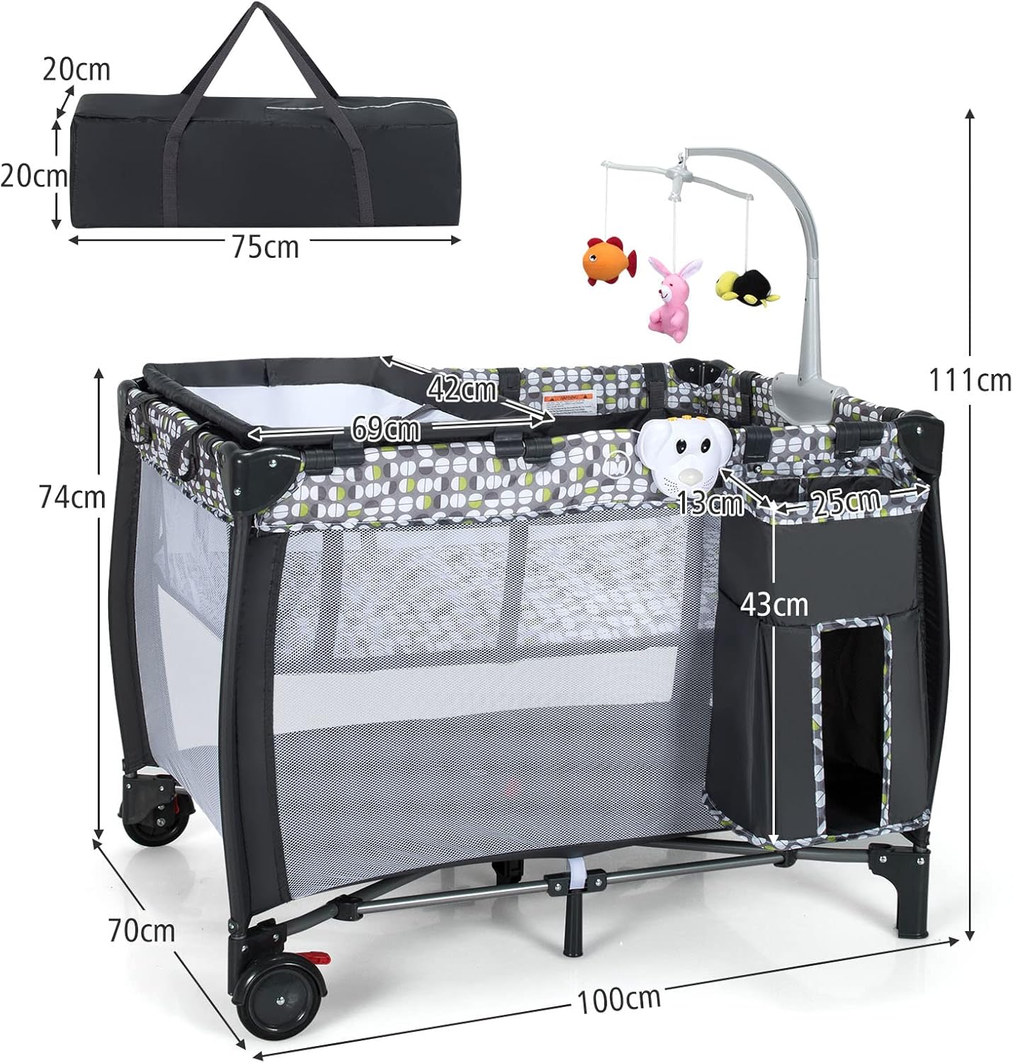 3 in 1 Baby Playard, Convertible Playpen Baby Bassinet w/ Changing Table, Grey