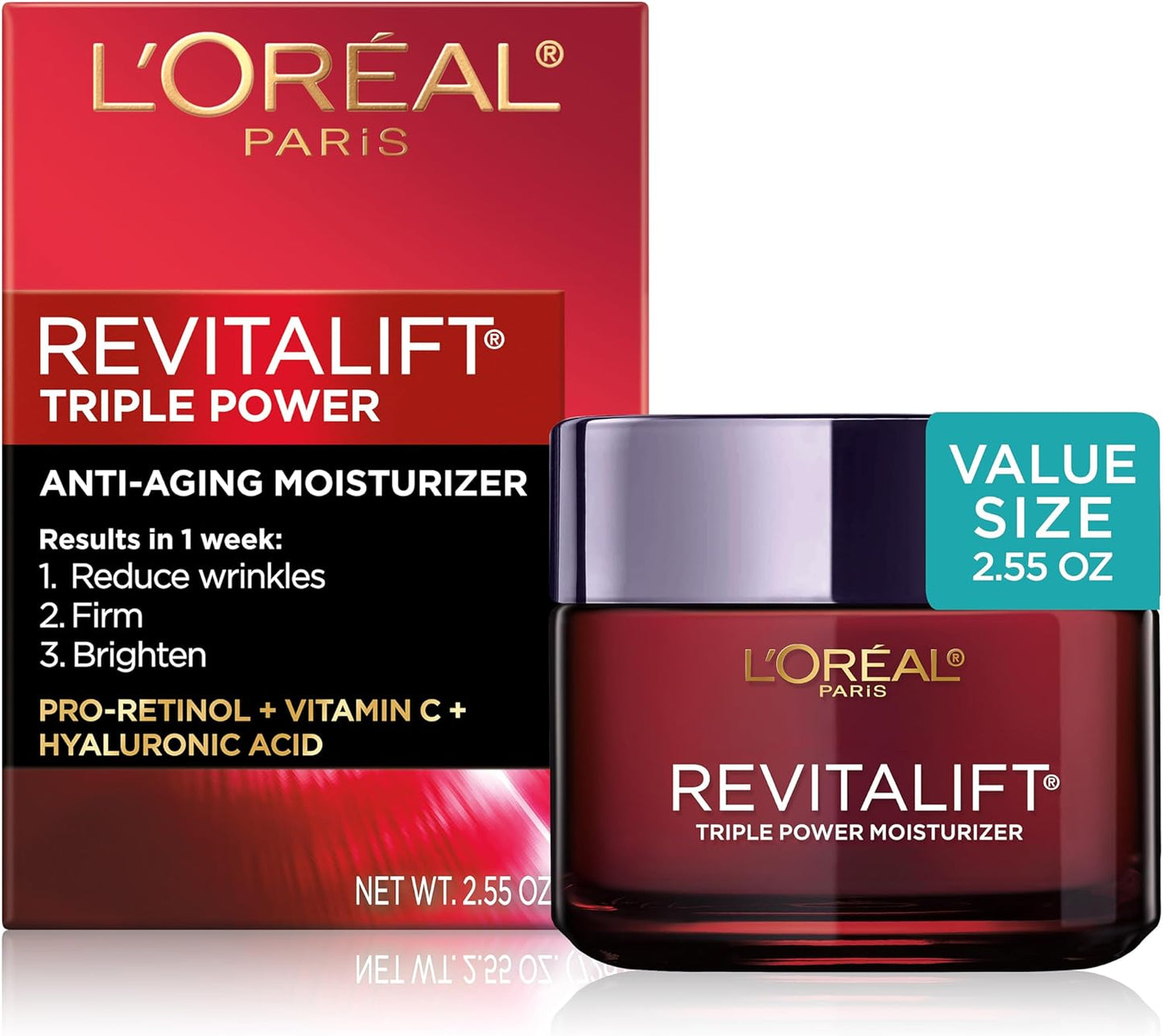 L'Oreal Paris Revitalift Triple Power Anti-Aging Face Moisturizer, Pro Retinol, Hyaluronic Acid & Vitamin C, Reduce Wrinkles 2.55 Oz
