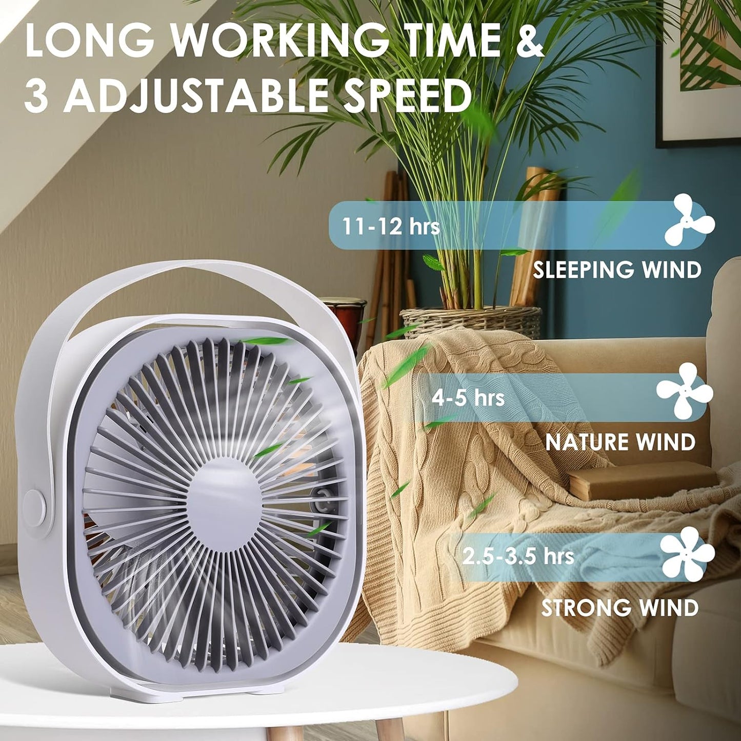 WD&CD 6 Inch USB Desk Fan, 4000mAh Handheld Fan Rechargeable Portable Fan wit handle, 3 speeds Wind, Quiet Fan, 360° Adjustable Swivel -White