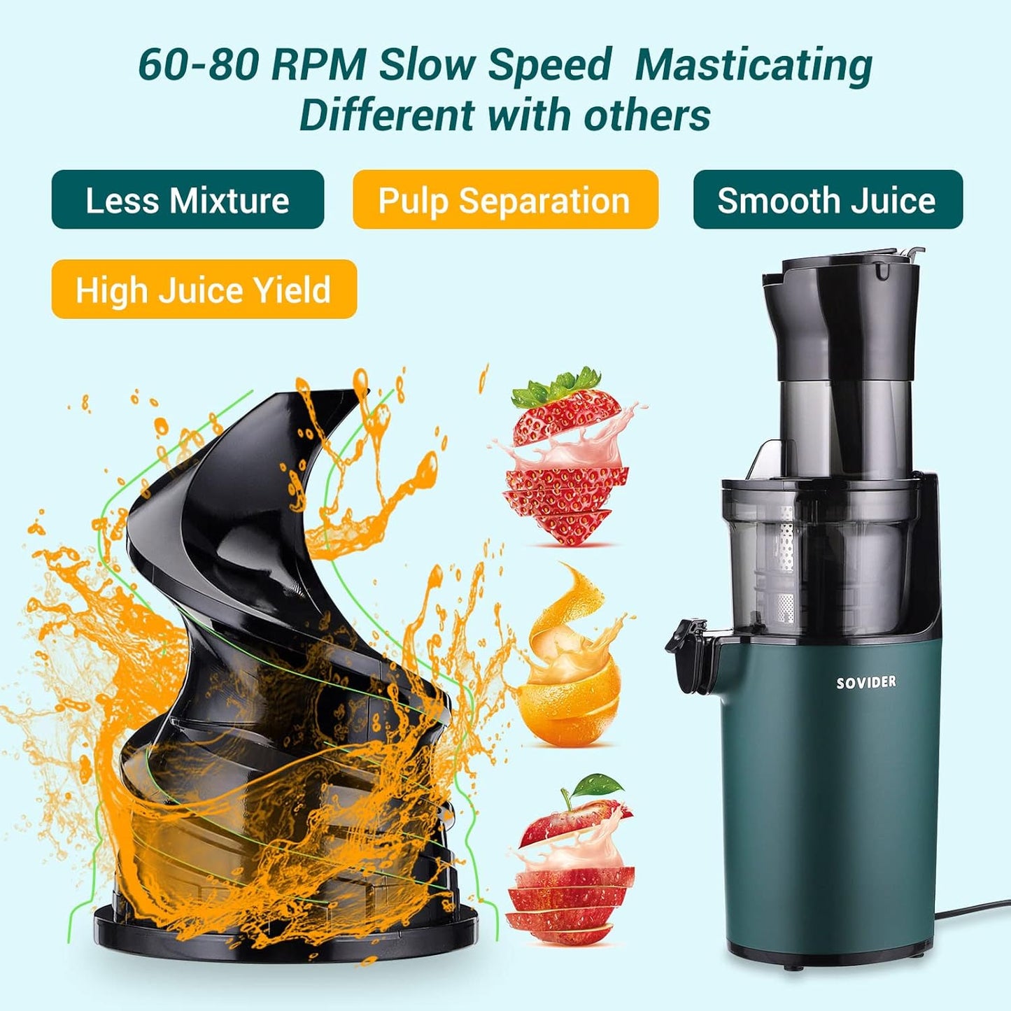 Electric Juicer Fruits Cold Press Squeezer Vegetable Processor Slow Masticating Juicer Machines 200W for Vegetables Celery Wheatgrass Watermelon Carrot Big Wide Chute 800ml Cup BPA-Free Easy to Clean