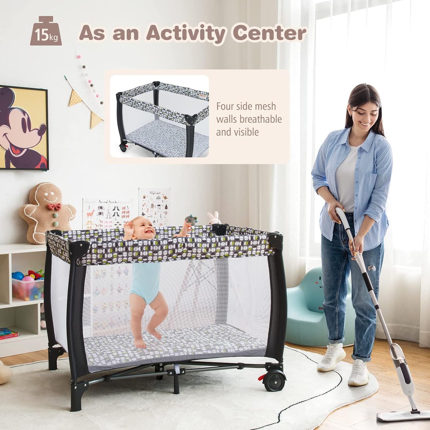 3 in 1 Baby Playard, Convertible Playpen Baby Bassinet w/ Changing Table, Grey