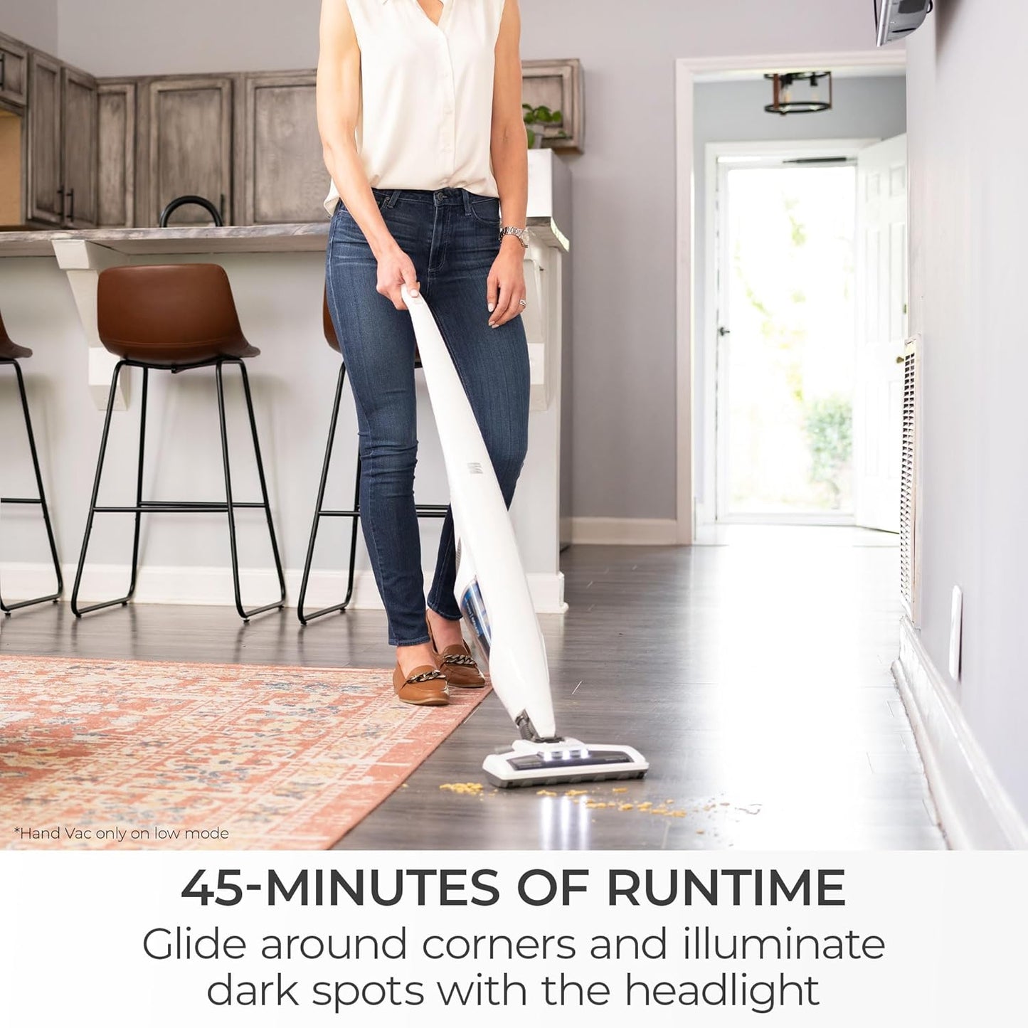 Kenmore DS1030 Cordless Stick Vacuum Lightweight Cleaner 2-Speed Power Suction LED Headlight 2-in-1 Handheld for Hardwood Floor, Carpet & Pet Hair, 3lbs, White