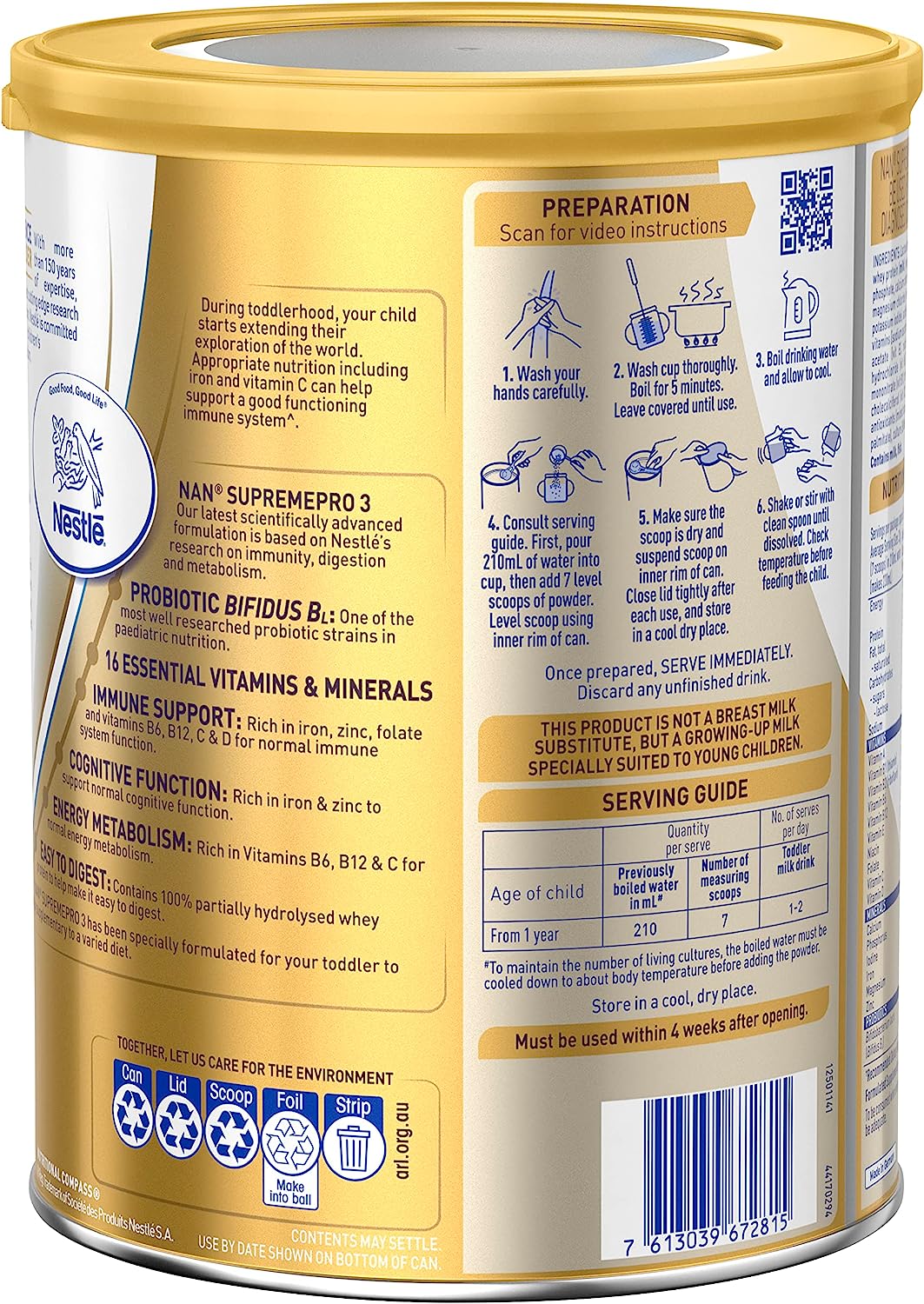 Nestlé NAN SUPREMEpro 3, Premium Toddler 1+ Years Milk Drink Powder – 800g
