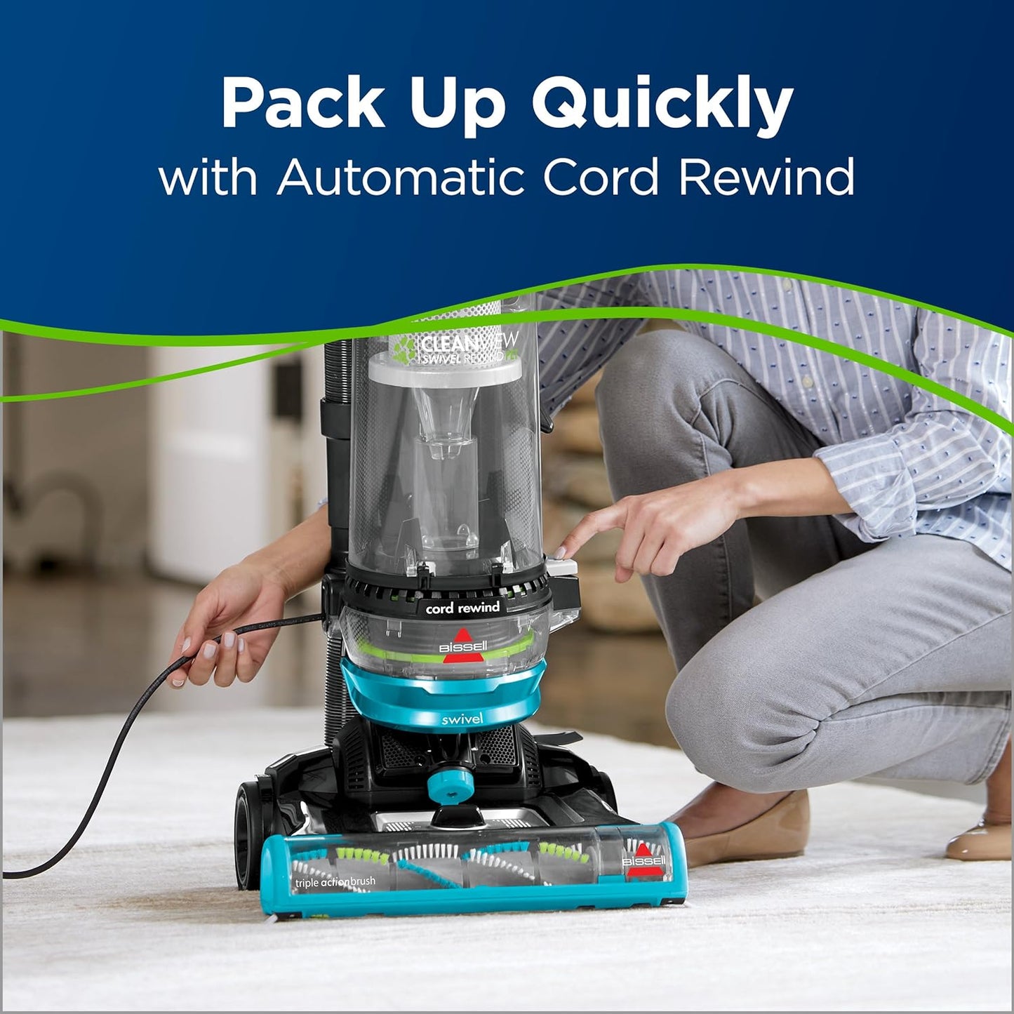 BISSELL 2254 CleanView Swivel Rewind Pet Upright Bagless Vacuum, Automatic Cord Rewind, Swivel Steering, Powerful Pet Hair Pickup, Specialized Pet Tools, Large Capacity Dirt Tank,Teal