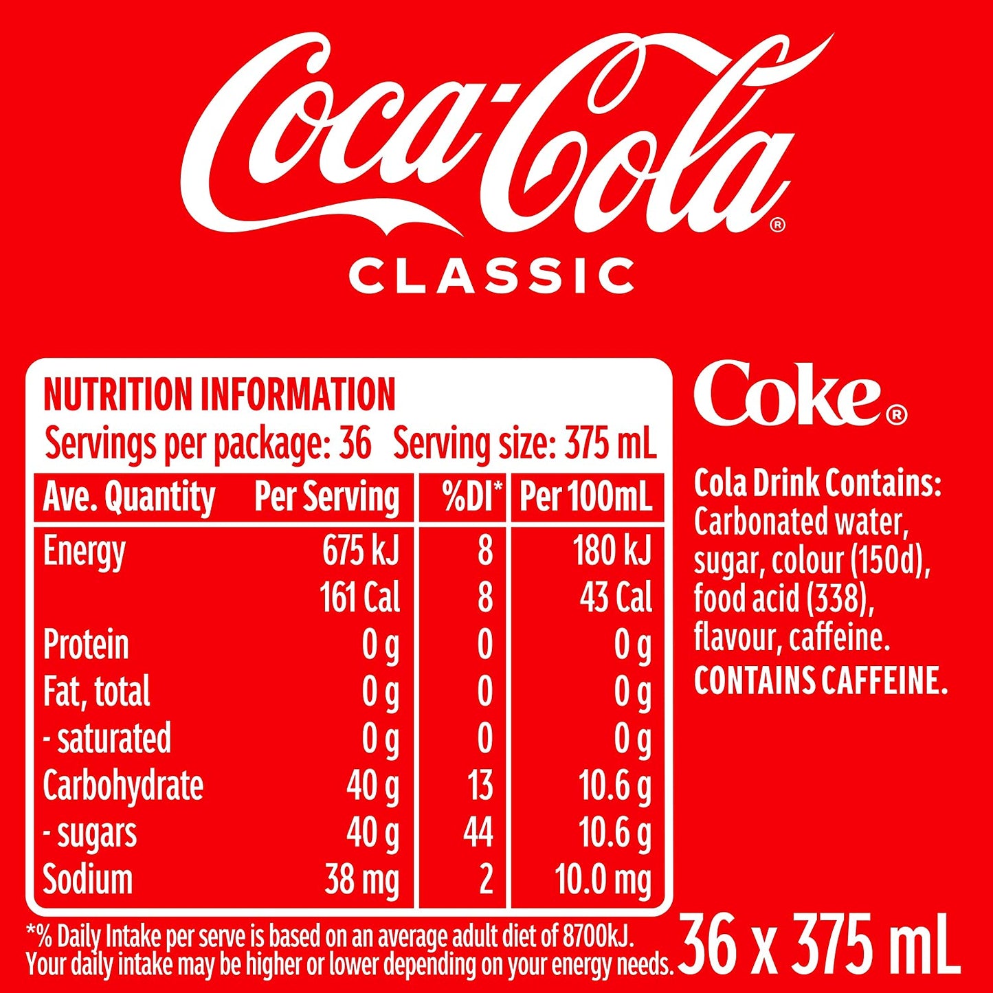 Coca Cola Classic Soft Drink Multipack Cans 36 x 375mL