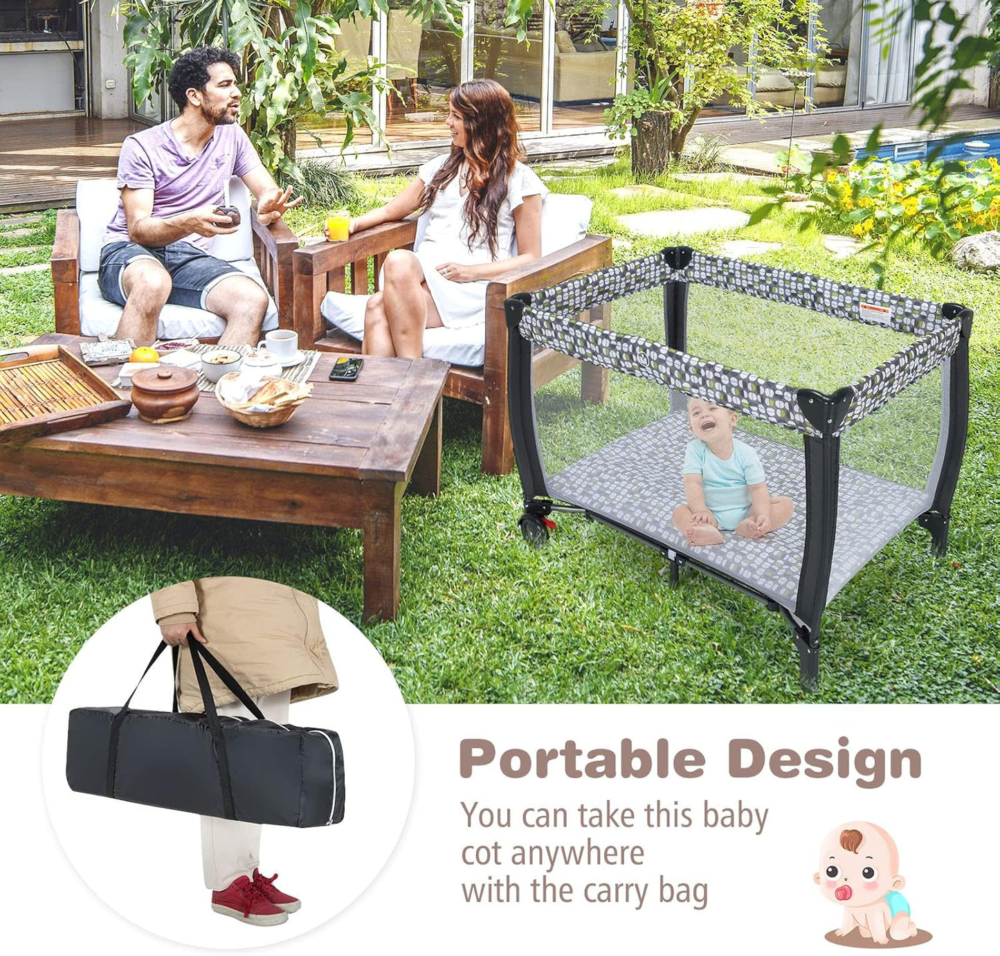 3 in 1 Baby Playard, Convertible Playpen Baby Bassinet w/ Changing Table, Grey
