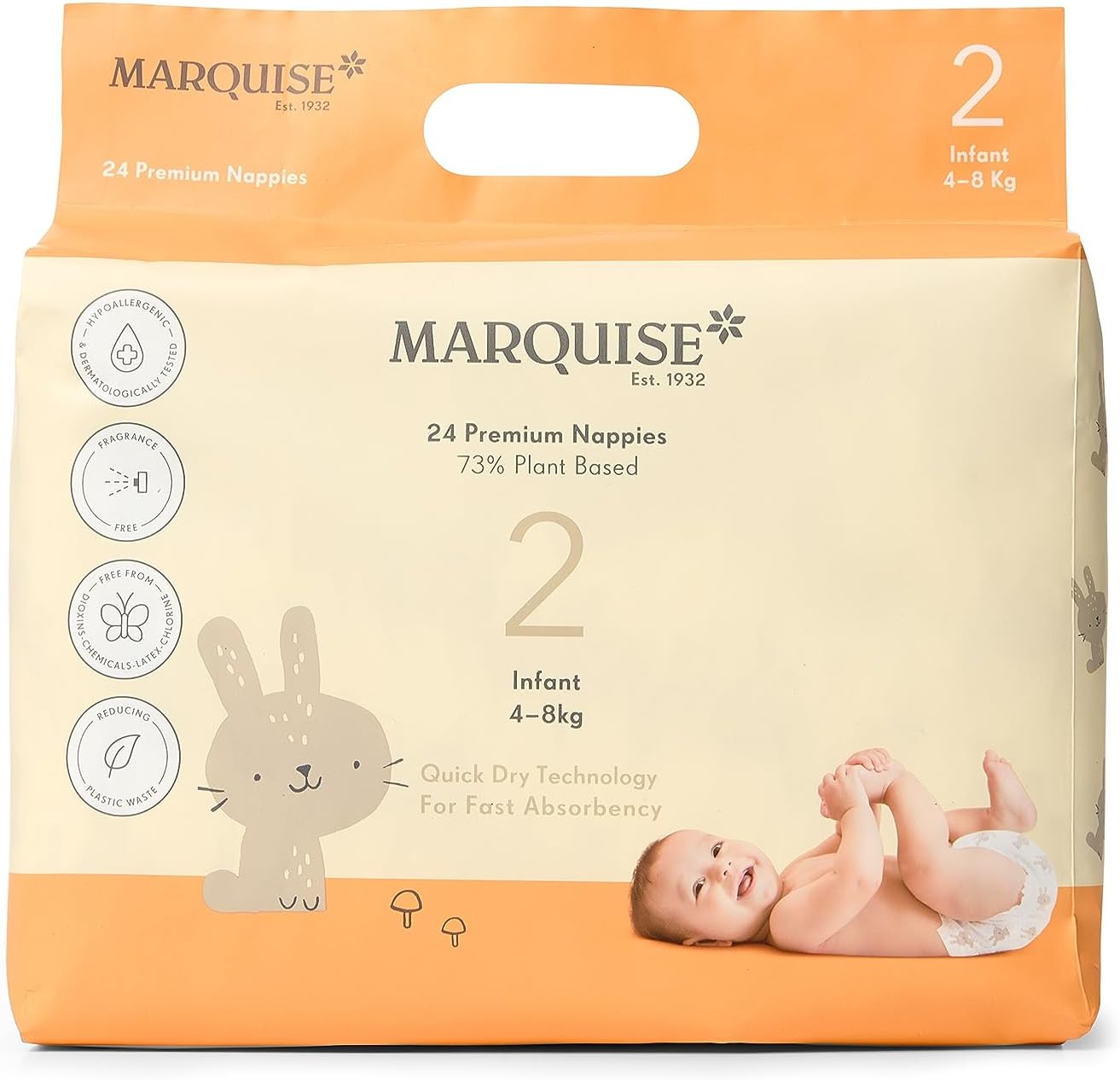 Marquise Baby Infant Nappies Size 2 (4-8kg) - 72 Count (3 x 24 Packs), Premium Eco-Friendly Nappy Pants, Quick Dry 12-Hours Leak Protection - Lightweight, Super Stretch Pure Comfort