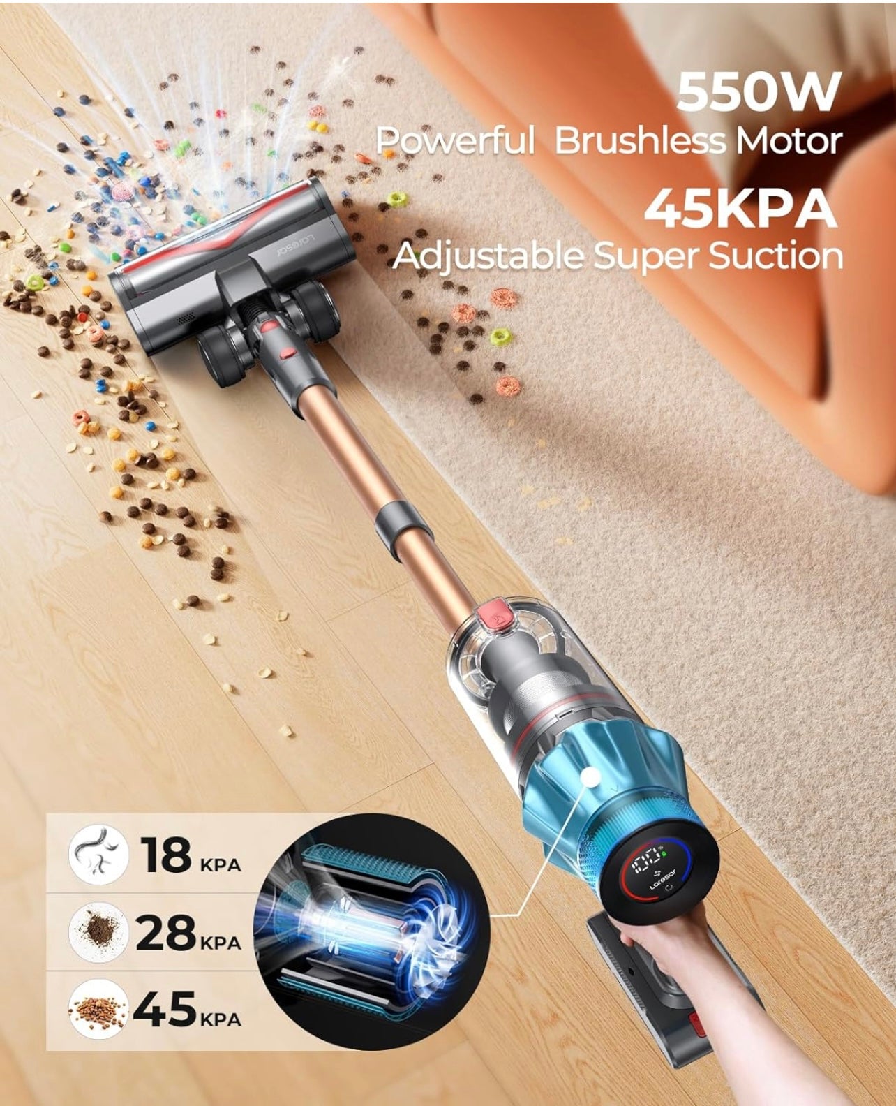 Laresar Cordless Vacuum Cleaner UItra7,45KPa/550W Stick Vacuum,Max 60Mins with Touchscreen,Wall-Mounted Charging,Self-Standing Upright Vacuum,for Pet Hair/Hardfloor/Carpet