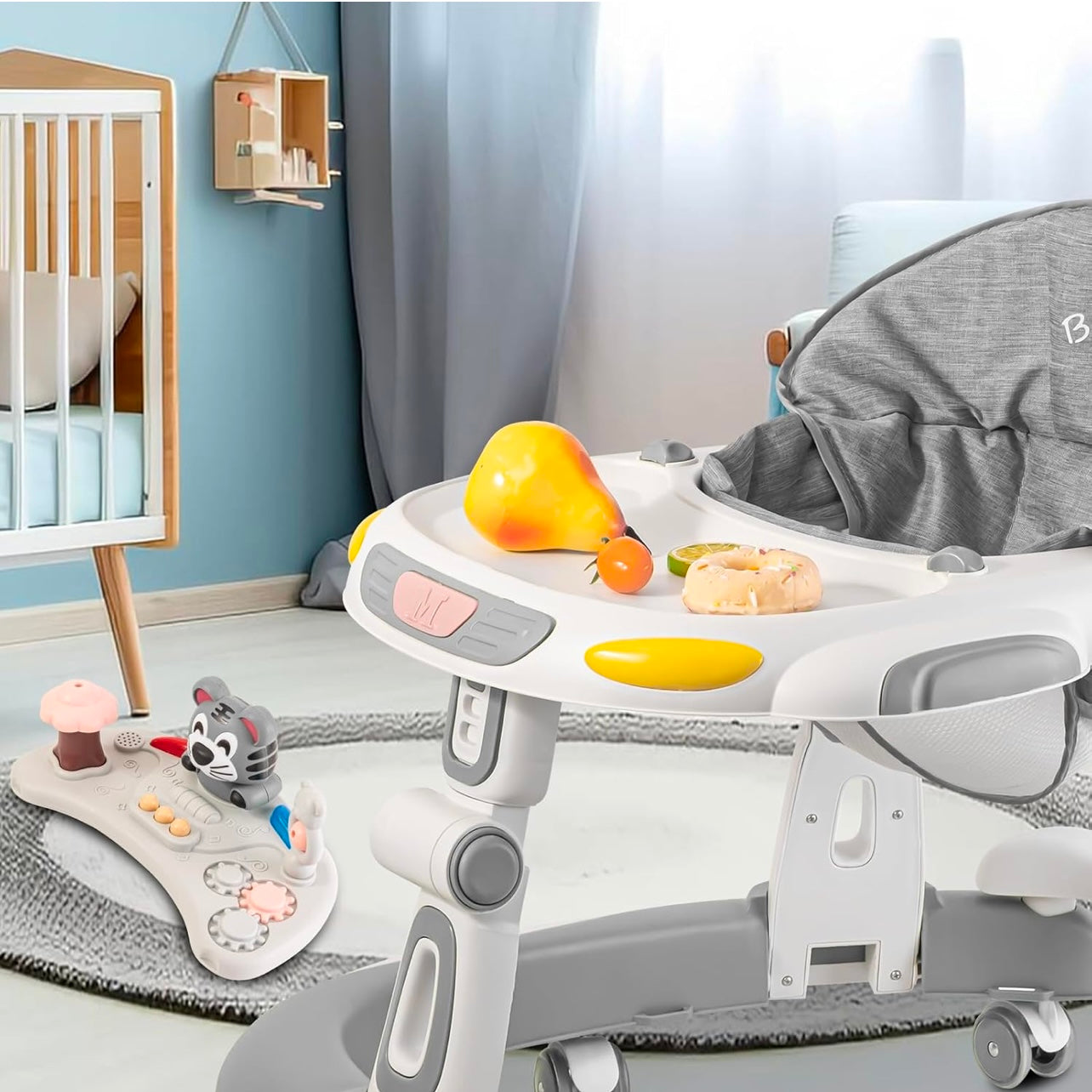Baby Walker, 4-in-1 Foldable Baby Walkers and Baby Activity Center with Toys Tray,3-Gear Height Adjustable Infant Toddler Baby Walker with Wheels for Baby Boys and Girls 6-24 Months(Grey)