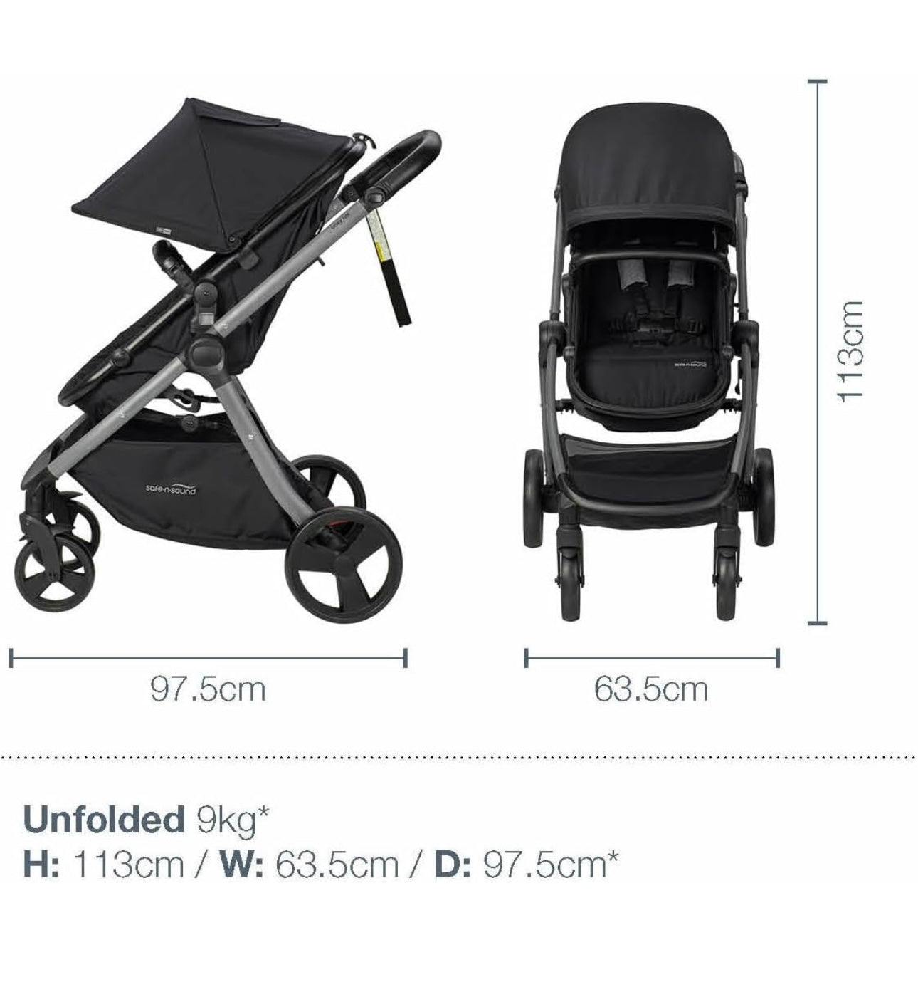 Safe-n-Sound Cosy Lux Stroller, 4 in 1 Comfortable Travel System, XL 10kg Basket Size, Easy Fold, Extra Large UPF 50+ Extendable Canopy, Travel System Compatible, Black (30179)