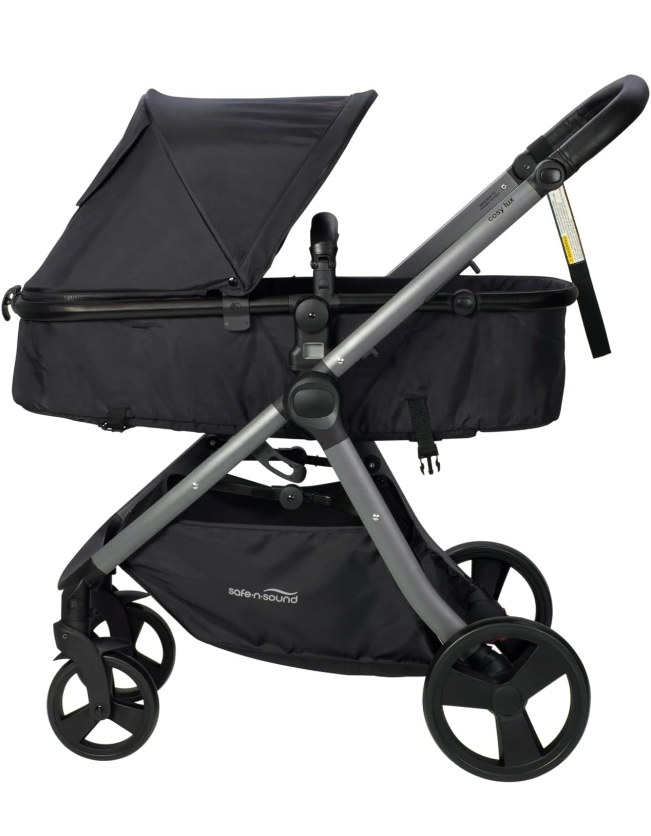 Safe-n-Sound Cosy Lux Stroller, 4 in 1 Comfortable Travel System, XL 10kg Basket Size, Easy Fold, Extra Large UPF 50+ Extendable Canopy, Travel System Compatible, Black (30179)