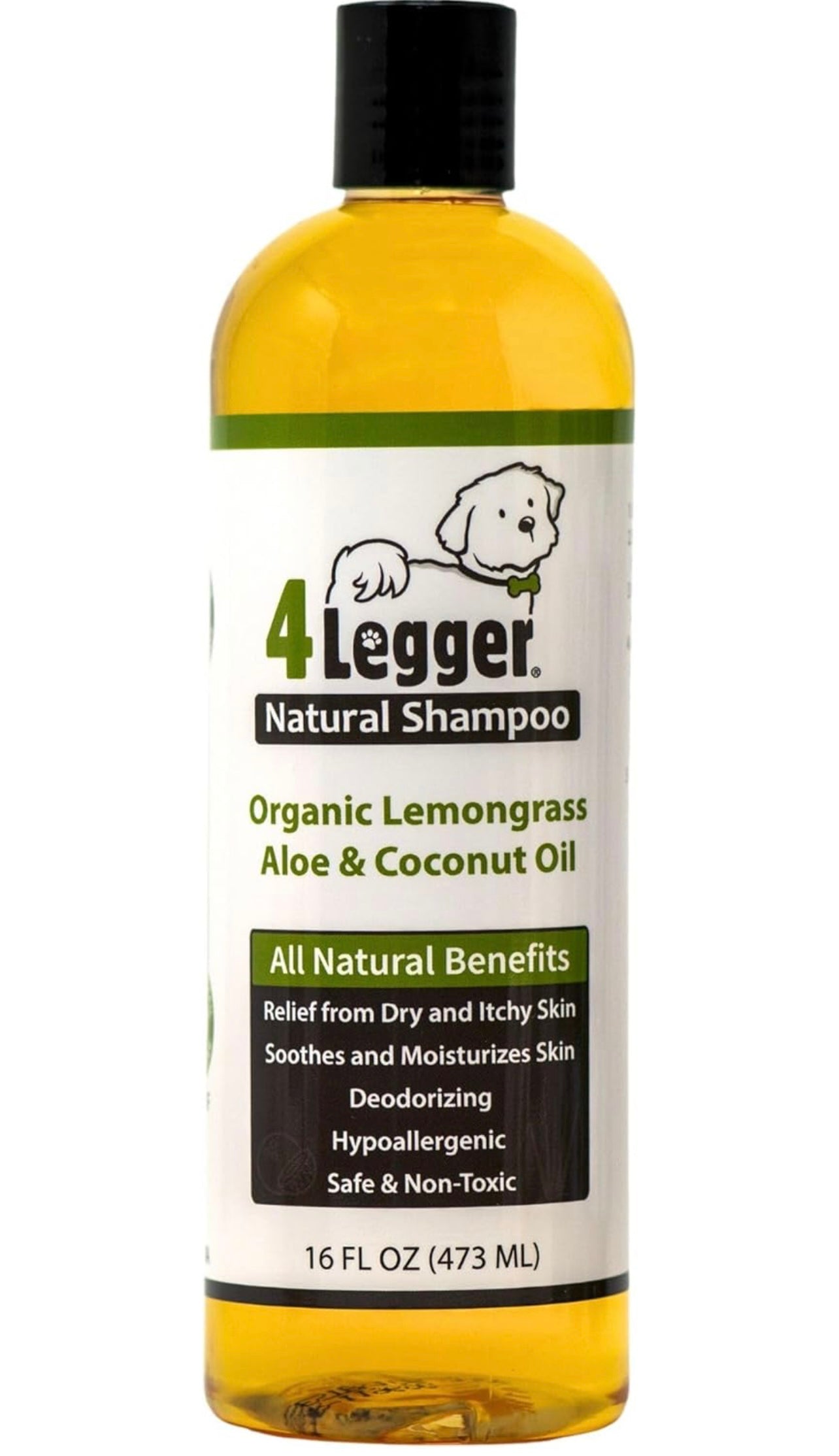 4-Legger Certified Organic Dog Shampoo - All Natural and Hypoallergenic with Aloe and Lemongrass, Soothing for Normal, Dry, Itchy or Allergy Sensitive Skin - Biodegradable - Made in USA - 16 oz