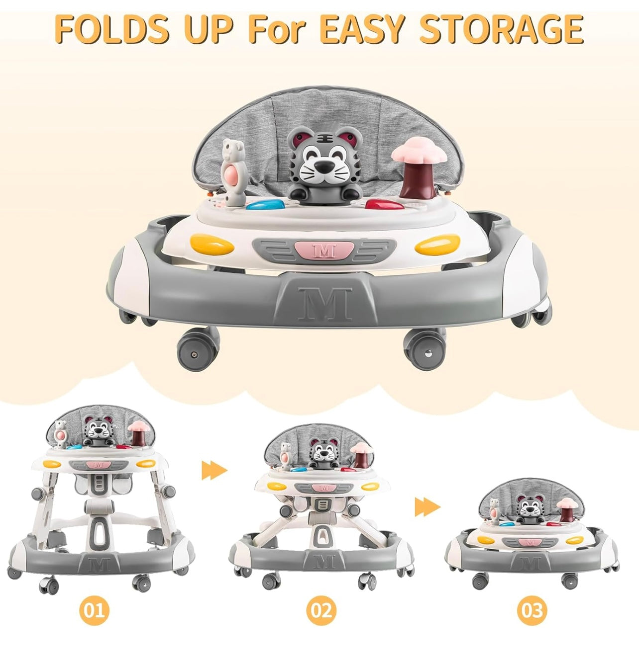 Baby Walker, 4-in-1 Foldable Baby Walkers and Baby Activity Center with Toys Tray,3-Gear Height Adjustable Infant Toddler Baby Walker with Wheels for Baby Boys and Girls 6-24 Months(Grey)