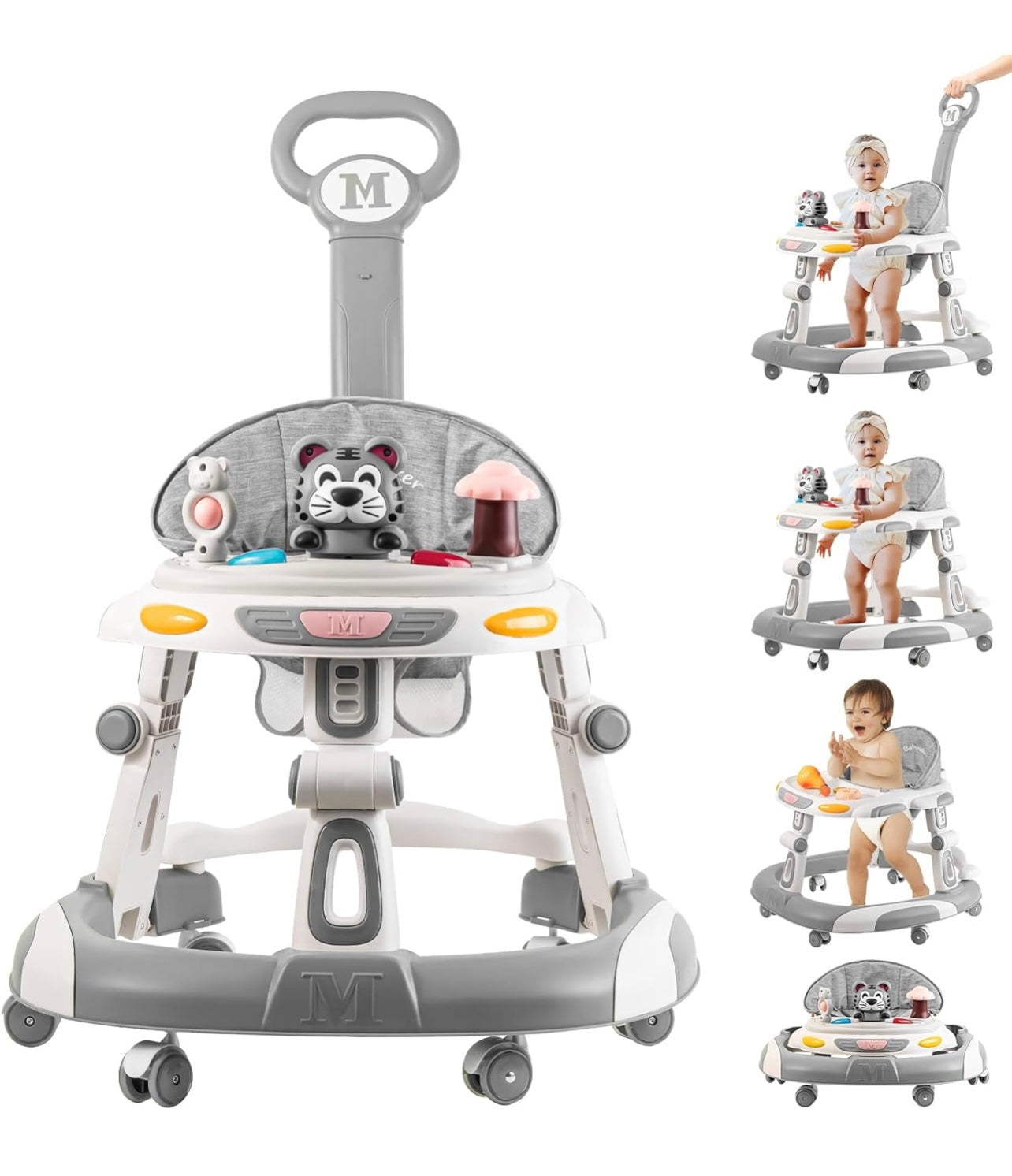 Baby Walker, 4-in-1 Foldable Baby Walkers and Baby Activity Center with Toys Tray,3-Gear Height Adjustable Infant Toddler Baby Walker with Wheels for Baby Boys and Girls 6-24 Months(Grey)