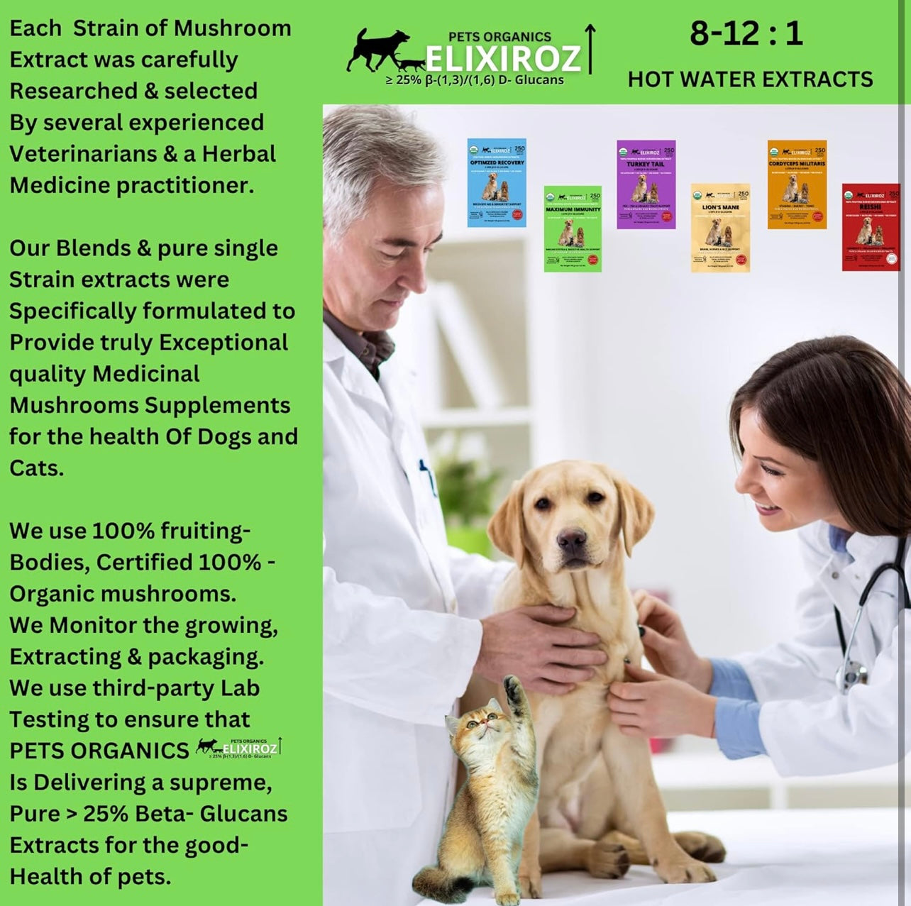 MAXIMUM IMMUNITY >25% β-glucan 100% Mushrooms Fruiting Body Extracts, Veterinarians formulation for Dogs & Cats Immune & Digestive Systems with Turkey tail & >35% β-glucan Reishi extracts.250 SERVINGS