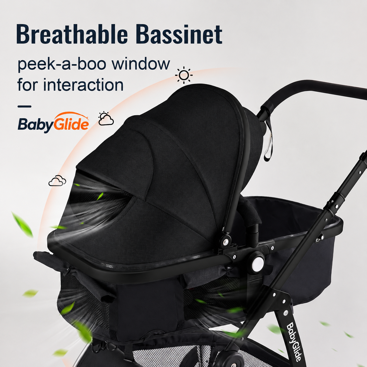 Luxury High Landscape Baby Stroller & Bassinet Travel System | One-Button Fold | High View | Baby Glide Black Stroller