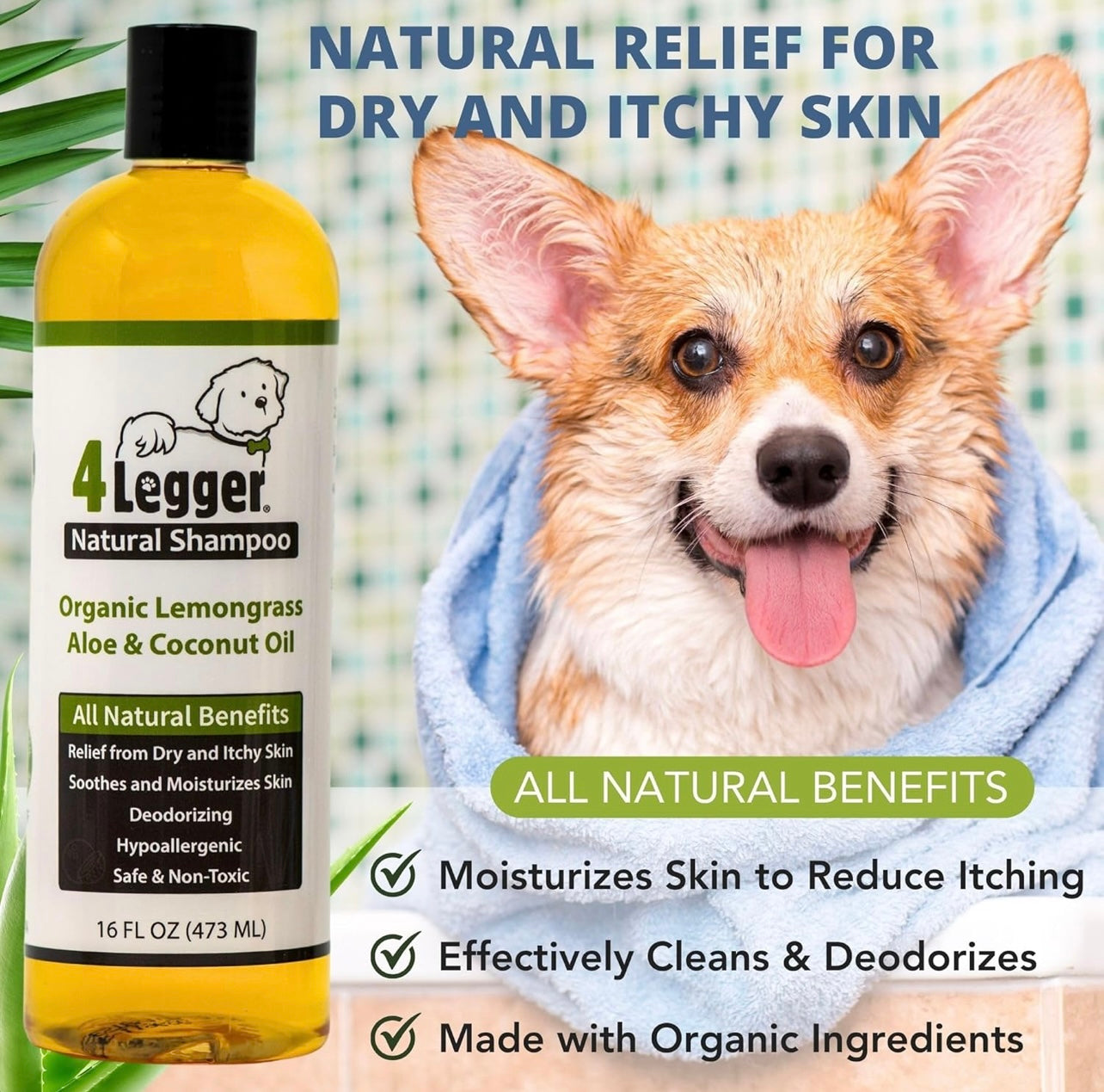 4-Legger Certified Organic Dog Shampoo - All Natural and Hypoallergenic with Aloe and Lemongrass, Soothing for Normal, Dry, Itchy or Allergy Sensitive Skin - Biodegradable - Made in USA - 16 oz