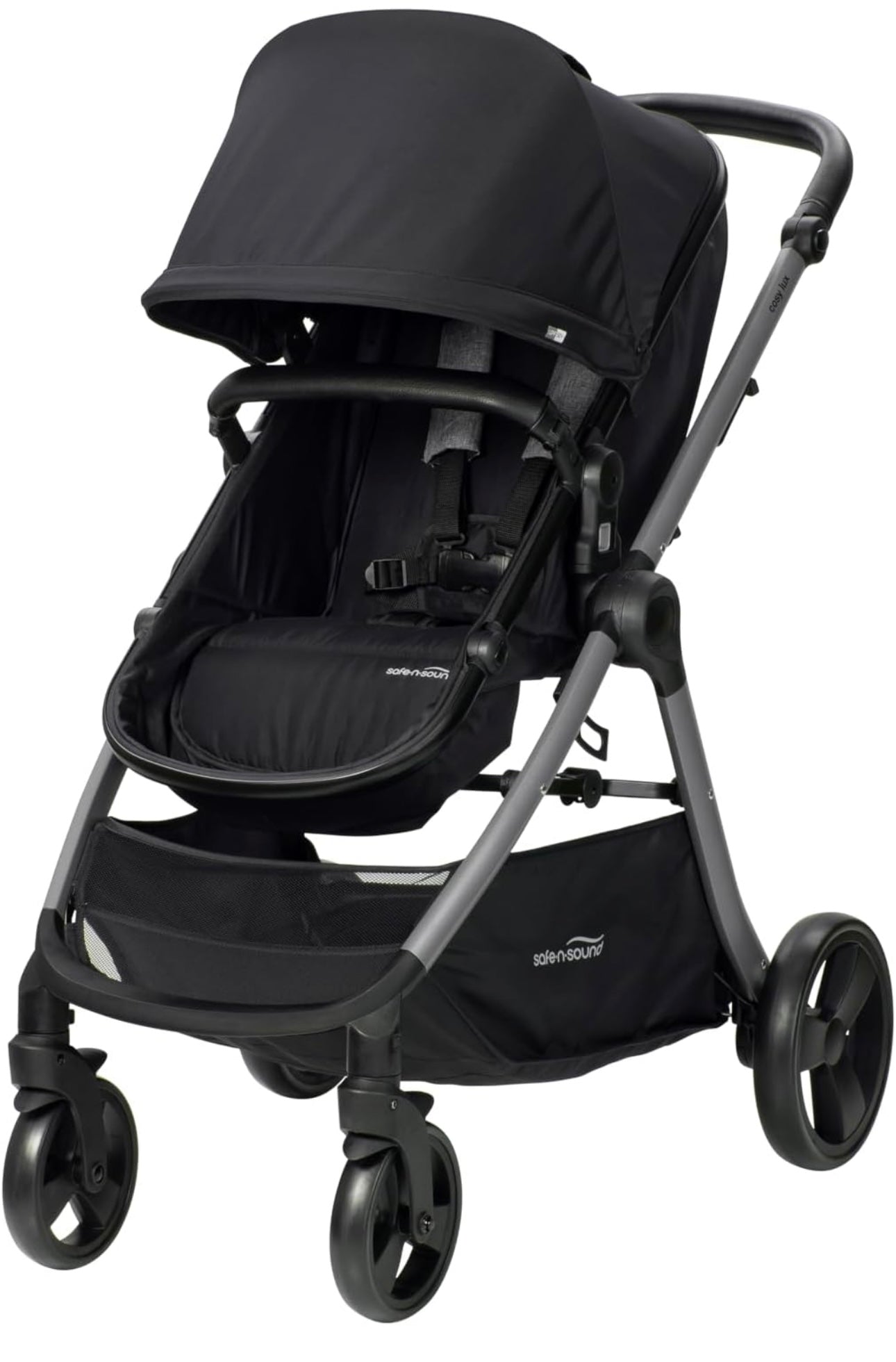 Safe-n-Sound Cosy Lux Stroller, 4 in 1 Comfortable Travel System, XL 10kg Basket Size, Easy Fold, Extra Large UPF 50+ Extendable Canopy, Travel System Compatible, Black (30179)
