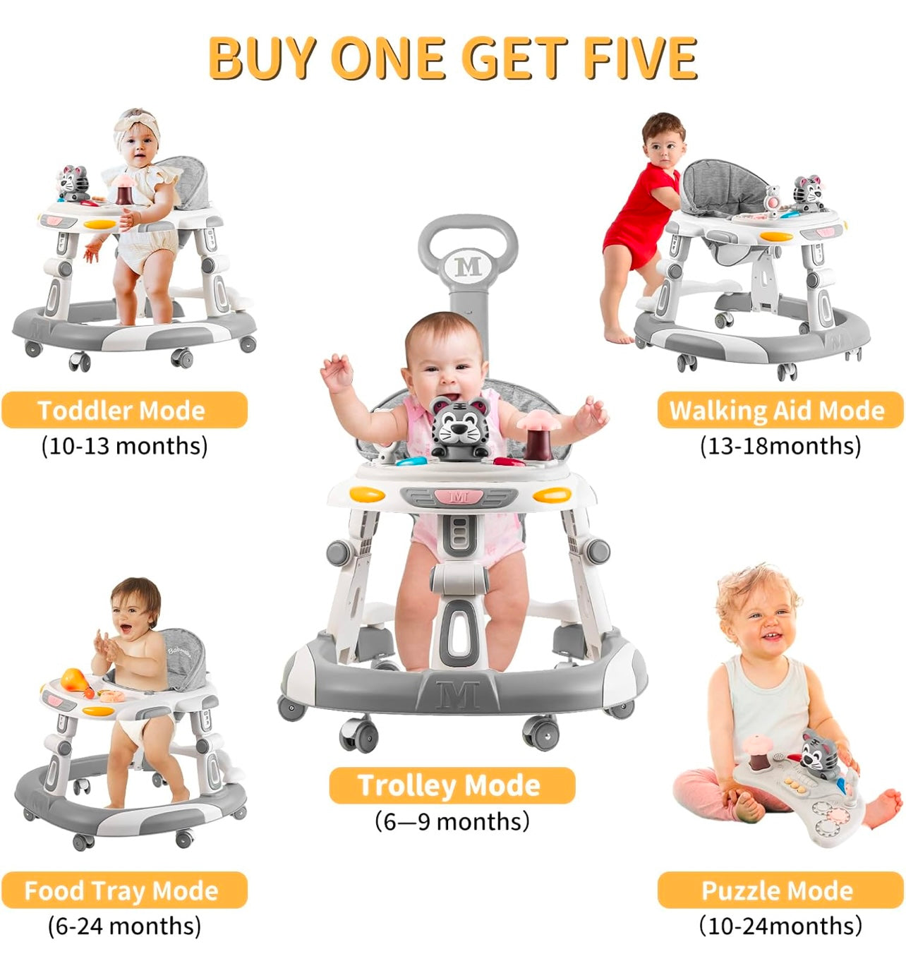 Baby Walker, 4-in-1 Foldable Baby Walkers and Baby Activity Center with Toys Tray,3-Gear Height Adjustable Infant Toddler Baby Walker with Wheels for Baby Boys and Girls 6-24 Months(Grey)