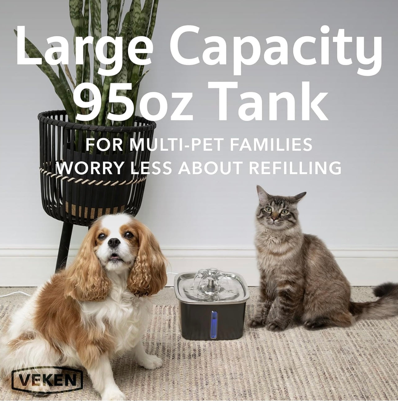 Veken Innovation Award Winner Stainless Steel Cat Water Fountain, 95oz/2.8L Automatic Pet Fountain Dog Water Dispenser with Replacement Filters & Silicone Mat for Cats, Dogs (Space Black)